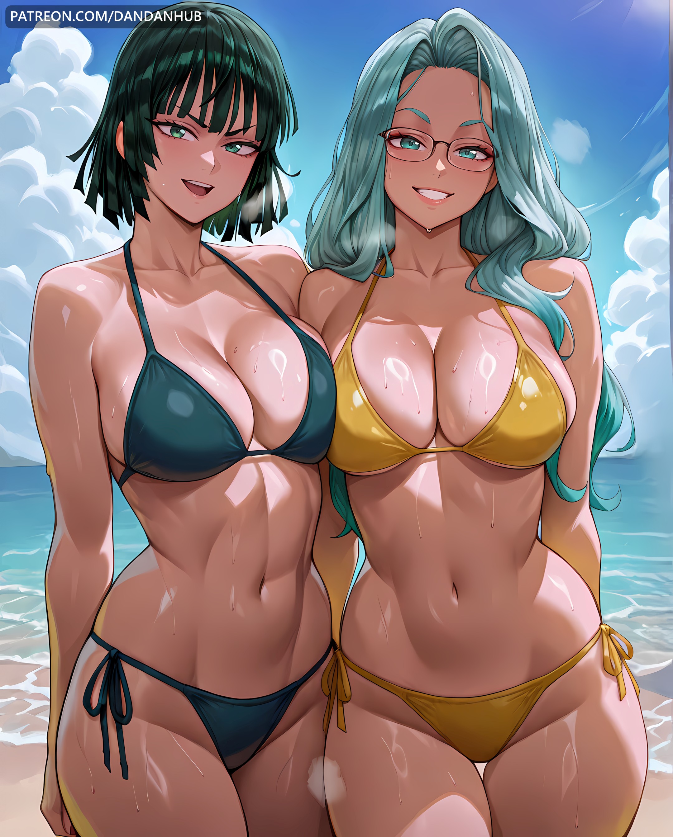 2girls, ai generated, aqua eyes, aqua hair, arms behind back, bangs, bare shoulders, beach, bikini, black hair, blue sky, breast press, breasts, cleavage, collarbone, dandanhub, day, female, female only, fubuki (one-punch man), glasses, green eyes, green hair, large breasts, long hair, looking at viewer, multiple girls, navel, ocean, one-punch man, open mouth, outdoors, psykos, short hair, siblings, side-tie bikini bottom, sisters, sky, smile, stomach, sweat, swimsuit, wet, yellow bikini