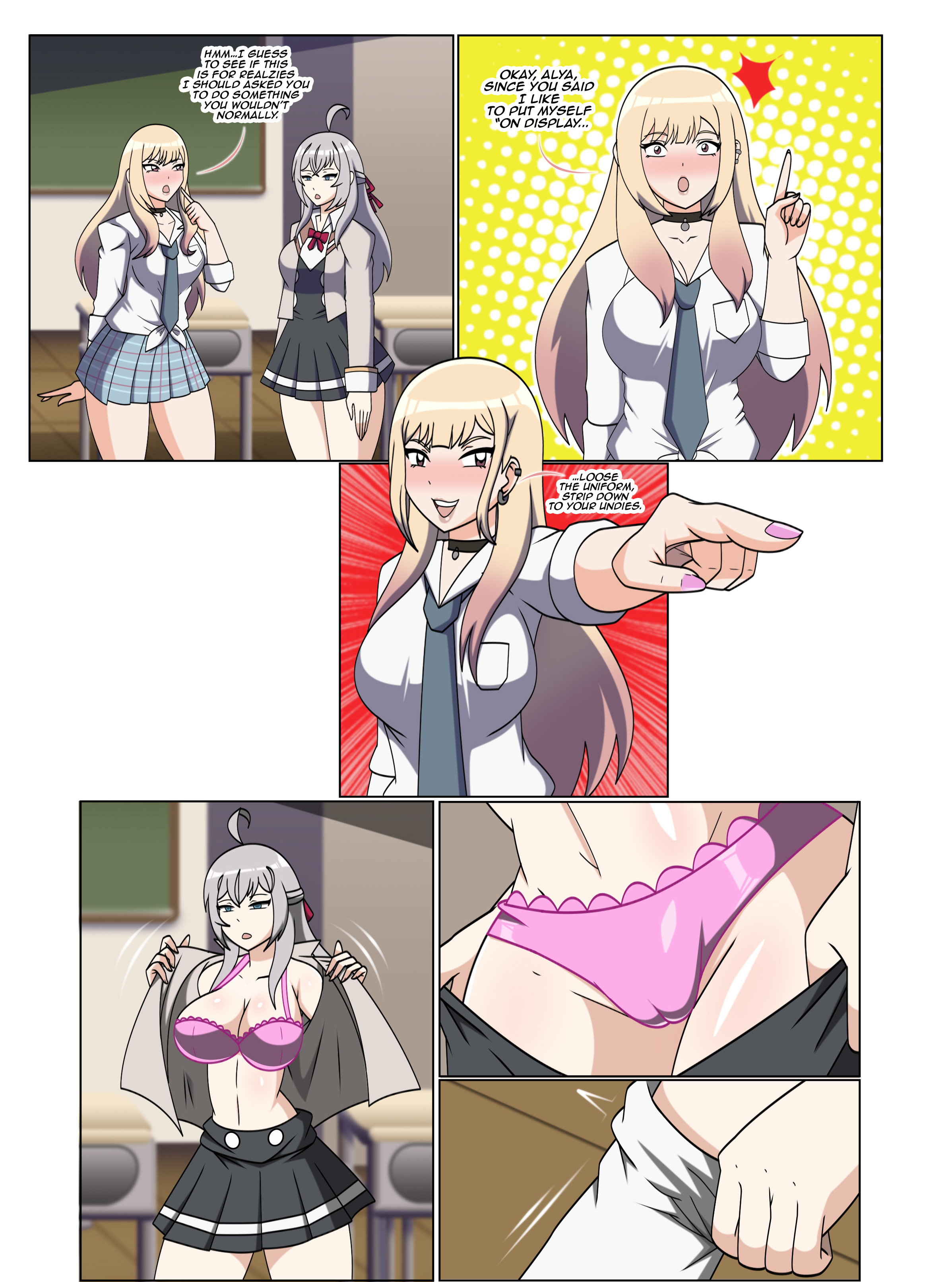 alisa mikhailovna kujou, big breasts, blonde hair, collar, color, crossover, dlobo777, empty eyes, expressionless, female only, femdom, femsub, hypnosis, imminent sex, kitagawa marin, long hair, pendulum, silver hair, sono bisque doll wa koi wo suru, tokidoki bosotto russian de dereru tonari no alya-san, undressing, yuri