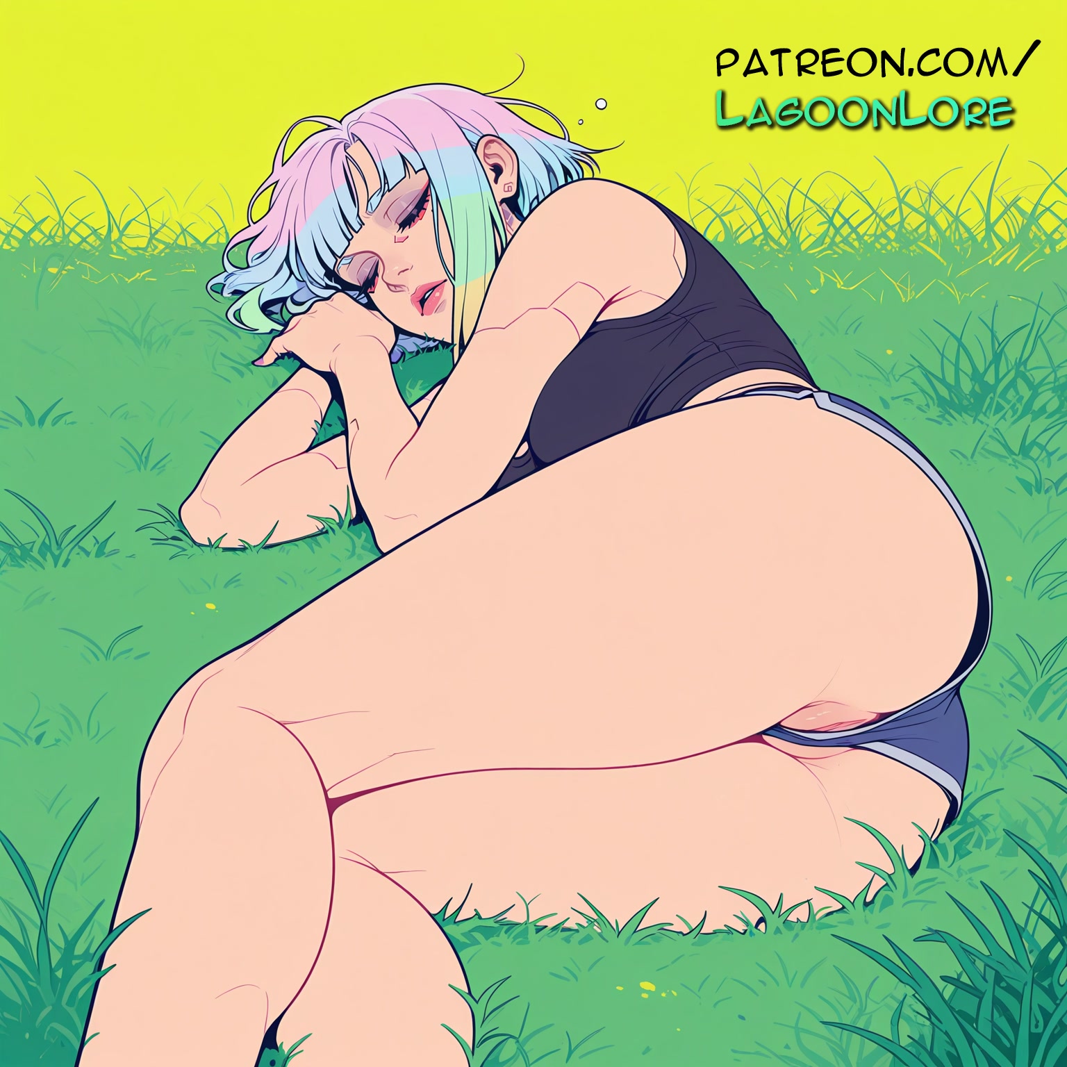against tree, ai generated, artist name, ass, ass hanging out, ass hanging out of shorts, booty shorts, bush, christmas tree, cyberpunk: edgerunners, dandelion, day, female, field, fireflies, foliage, forest, garden, golf club, grass, hammock, hi res, highres, hill, jungle, lagoonlore, lucyna kushinada, lying, moss, mushroom, nature, on grass, on ground, outdoors, overgrown, palm leaf, path, patreon, patreon username, plant, short shorts, shorts, sleeping, solo, tent, tree, tree shade, tree stump, under tree, underwear, wading pool, watermark, wheat