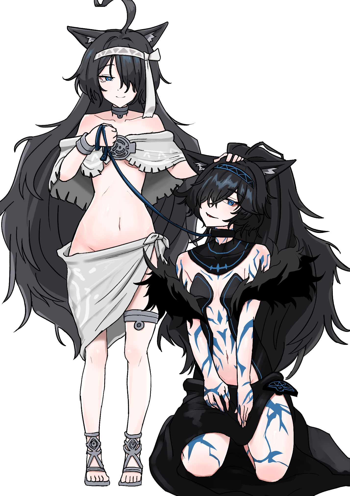 , 2026, 2d, 2d (artwork), 2girls, animal ears, bare midriff, bare shoulders, belly button, black hair, blue eyes, body, caressing, caressing head, cat ears, cat girl, closed mouth, collar, color, colored, digital media (artwork), duo, duo female, female, female only, front view, full body, hair, hair over one eye, hi res, kasli (nyanko daisensou), kasli the bane, kasli the scourge, legs, light skin, light-skinned female, long hair, marks, marks on body, nyanko daisensou, partially clothed, patpat, pixiv id 89366648, simple background, sitting, small breasts, smile, the battle cats, video game character, video games, viewed from front, white background, white body, white skin