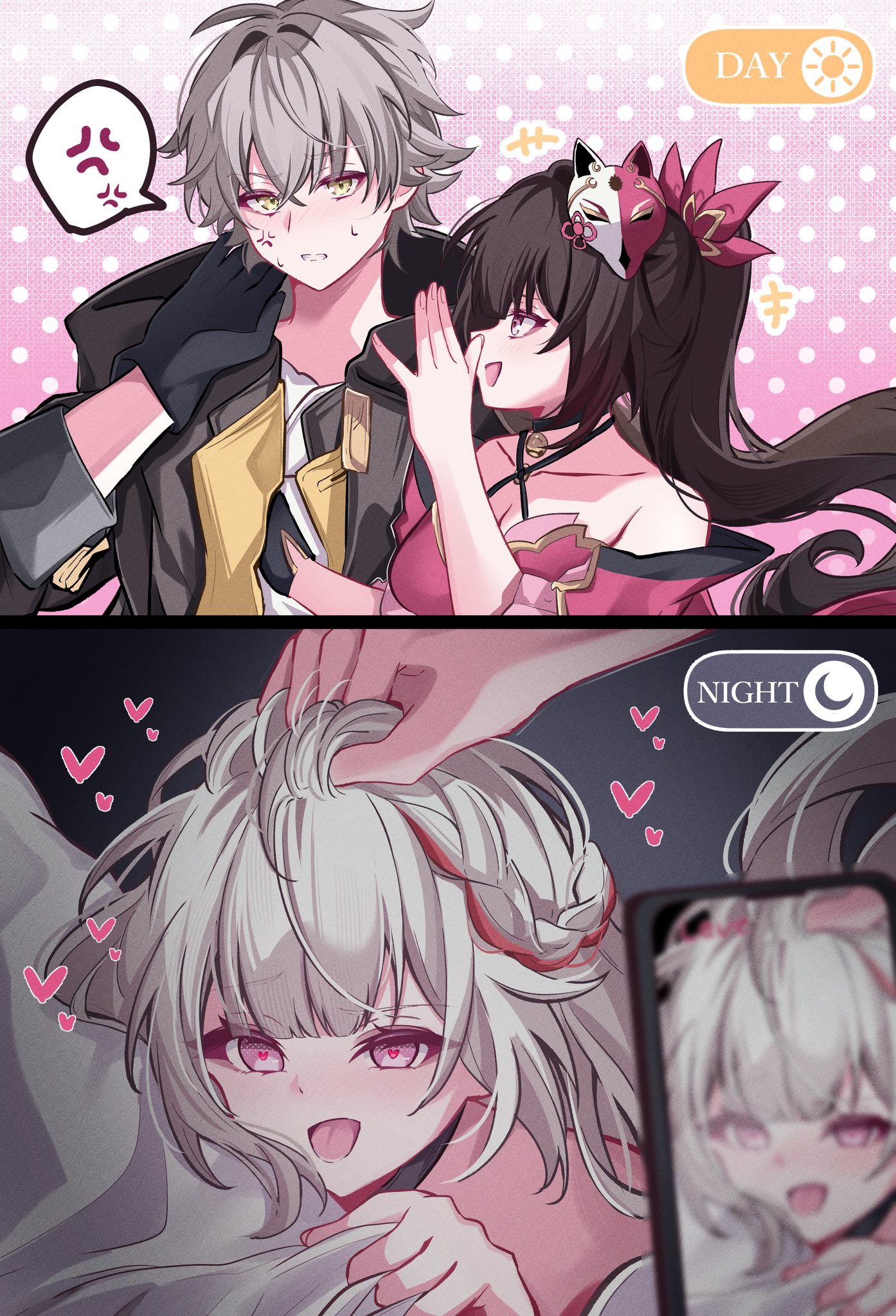 1boy, 1boy1girl, 1boy1girls, 1boys, 1girl1boy, 1girls, 1girls1boy, 2girls, anger vein, bare shoulders, bell, black choker, black gloves, black jacket, braid, brown hair, caelus (honkai: star rail), cellphone, cellphone photo, choker, commentary request, day-night toggle button (meme), detached sleeves, dual persona, dyed hair, dyed-hair, eugeo 032, female, fox mask, gloves, grabbing another's hair, grey hair, hair between eyes, hair intakes, heart, heart-shaped pupils, highres, holding another's hair, honkai (series), honkai: star rail, implied sex, jacket, long hair, long sleeves, mask, mask on head, meme, multiple girls, neck bell, open clothes, open mouth, phone, pink eyes, sheet grab, shirt, short hair, simple background, small breasts, smartphone, smile, sometimes like this/also like that (meme), sparkle (honkai: star rail), sparxie (honkai: star rail), spoken anger vein, symbol-shaped pupils, tongue, tongue out, trailblazer (honkai: star rail), twintails, very long hair, whispering, whispering in ear, white hair, yellow eyes