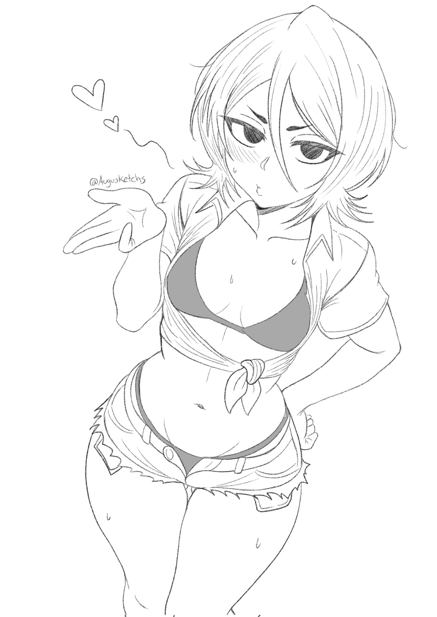 1girl, artist name, augusketchs, bikini, bikini under clothes, bleach, blowing kiss, breasts, cleavage, collarbone, commentary, greyscale, hair between eyes, hand on own hip, highres, kuchiki rukia, looking at viewer, medium hair, monochrome, navel, open clothes, open fly, open shirt, shirt, short shorts, shorts, simple background, solo, spanish commentary, standing, swimsuit, tagme, thigh gap, tied shirt