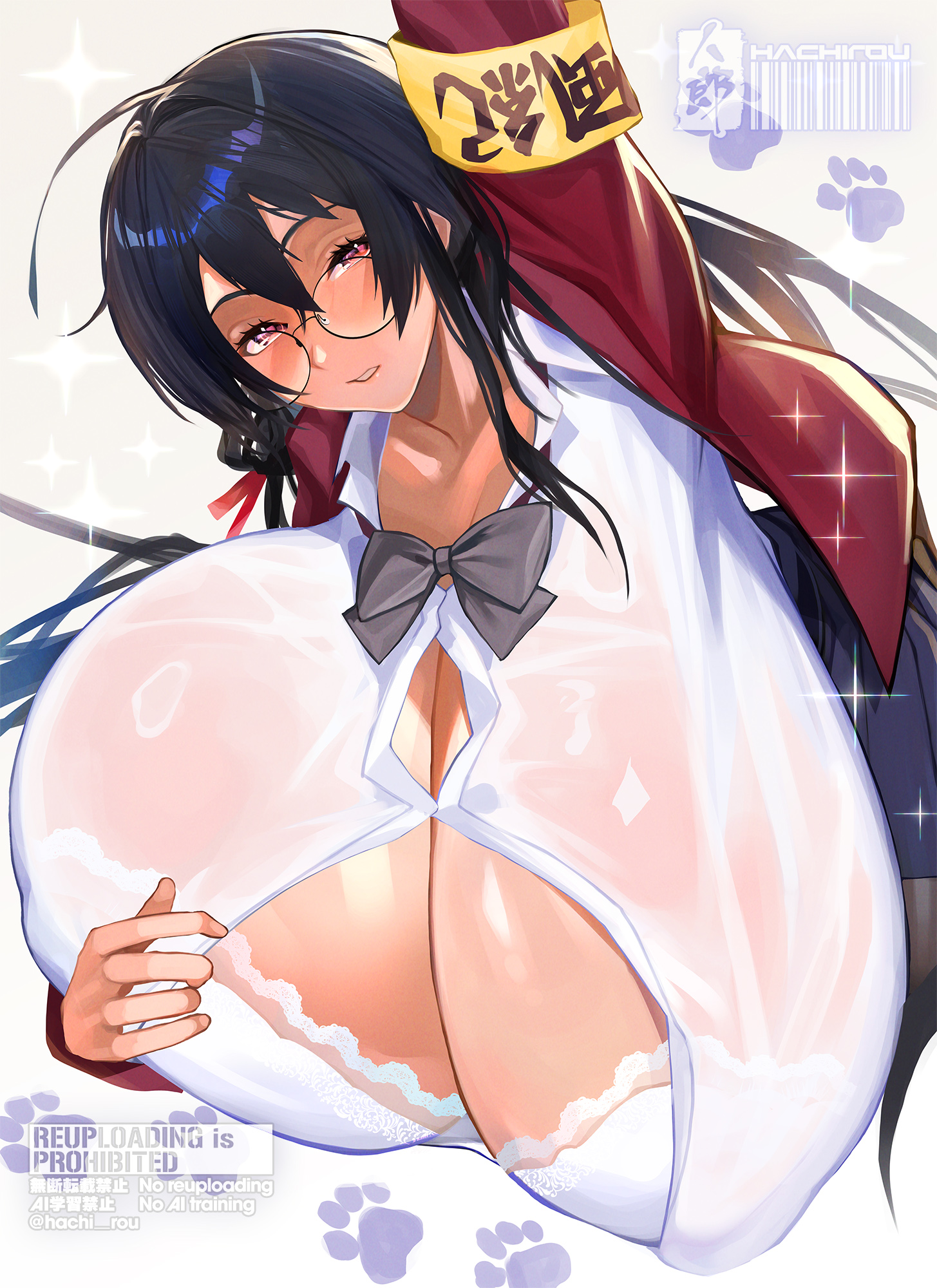 1girls, ahoge, azur lane, black bow tie, black hair, bowtie, bra, breasts, cleavage, cleavage cutout, gigantic breasts, glasses, hachirou (crazy318), huge breasts, looking at viewer, parted lips, red eyes, school uniform, see-through clothing, solo, taihou (azur lane), taihou (sweet time after school) (azur lane), white bra, white shirt