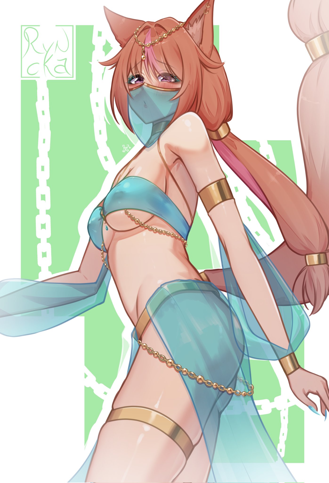 1girls, 2d, blush, breasts, brown hair, chains, female, fox ears, fox girl, fox tail, hispanic virtual youtuber, latam virtual youtuber, light brown hair, light skin, light-skinned female, long hair, mask, medium breasts, nipples, nori sahara, purple eyes, ryncka, thighs, twintails, virtual youtuber, vtuber, vtuberfanart