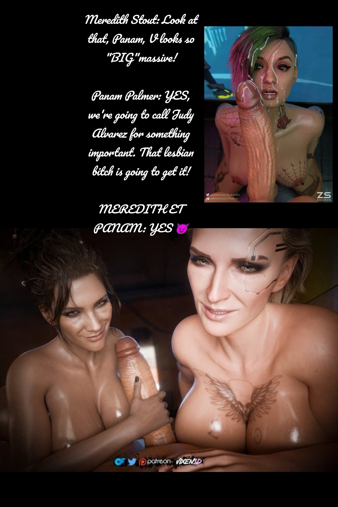 3d, black body, caption, cum on face, judy alvarez, male, massive penis, meredith stout, panam palmer, smiling at viewer, tattoo, trio, v (cyberpunk 2077)