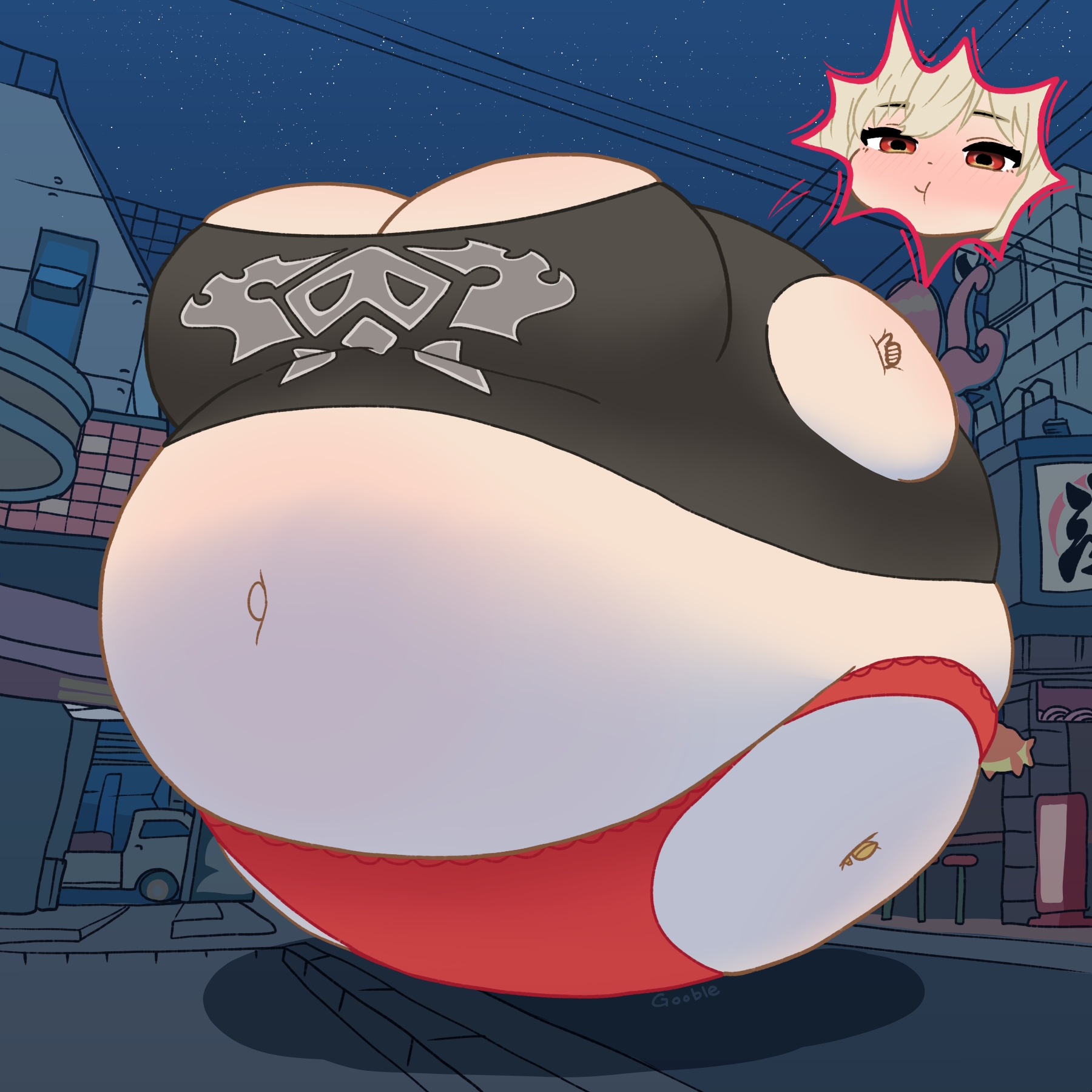 belly button, belly expansion, belly inflation, burnice white, full body inflation, inflation, panties, puffy cheeks, shirt, spherical inflation, sunken head, sunken limbs, zenless zone zero