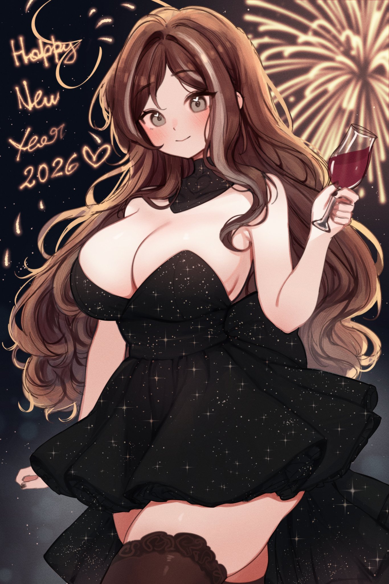 1girls, 2026, alternate version available, breasts, dress, english text, female, female focus, female only, indie virtual youtuber, large breasts, light skin, light-skinned female, new year, original, sky (skyaboveme), skyaboveme, solo, text, thick thighs, thighhighs, thighs, virtual youtuber, white background, wide hips