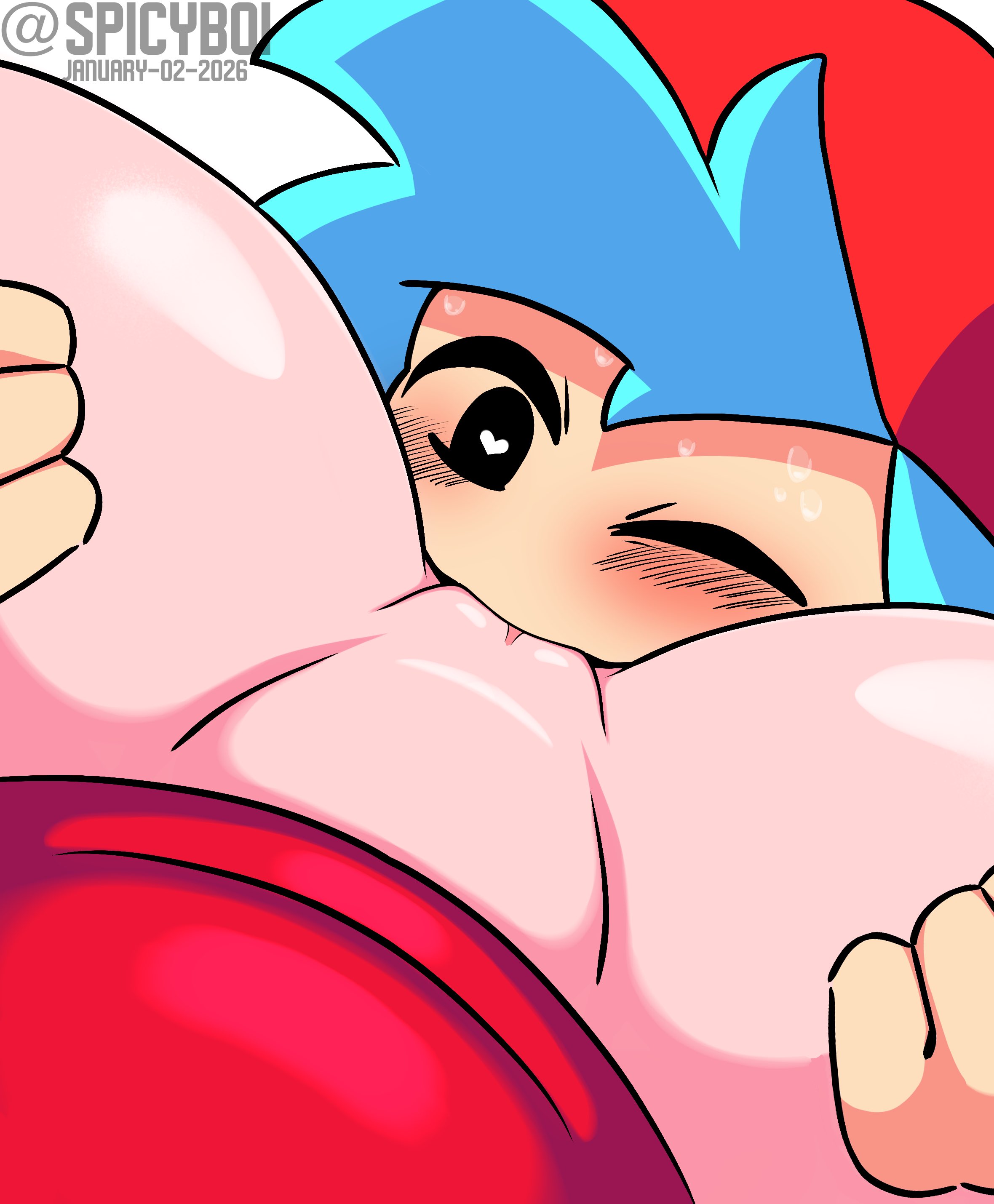1boy, 1girls, blue hair, blush, boyfriend (friday night funkin), cunnilingus, dated, eating pussy, female, friday night funkin, girlfriend (friday night funkin), hands on thighs, hat, heart-shaped pupils, male, one eye closed, pussy, spicyboi, spread legs, sweat, tagme, thick thighs, twitter username, white background