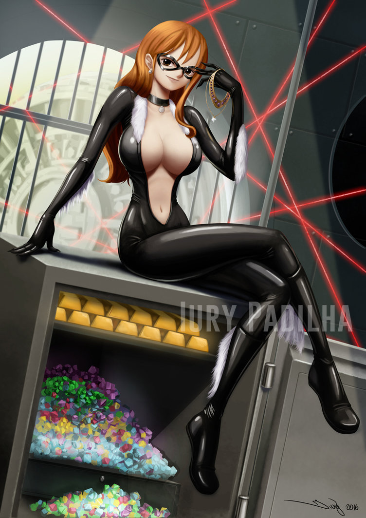 1girls, 2016, bank vault, big breasts, black bodysuit, black cat (cosplay), bodysuit, breasts, catsuit, choker, cleavage, clothing, collar, cosplay, crossed legs, domino mask, drawing, earrings, eye mask, female, female only, fully clothed, gem, ginger, ginger hair, gold, gold (metal), highres, holding necklace, holding object, hourglass figure, huge breasts, iury padilha, jewelry, large breasts, laser, latex, latex bodysuit, latex boots, latex clothing, long hair, marvel, marvel comics, mask, masked, masked female, nami (one piece), necklace, one piece, orange hair, orange-haired female, post-timeskip, revealing clothes, shiny clothes, sitting on object, smug, solo, spider-man (series), stealing, thief, tight clothing