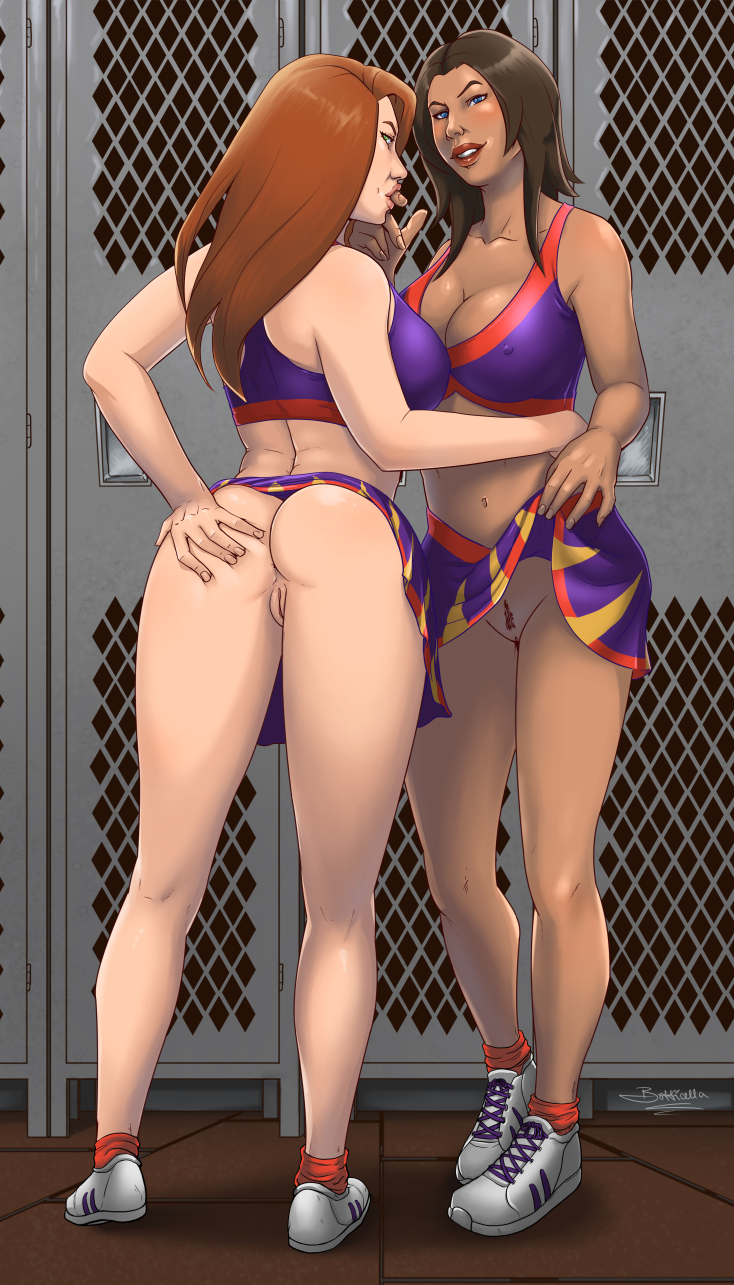 2girls, ass, back, belly, big ass, big breasts, blue eyes, bonnie rockwaller, botticella, breasts, brown hair, busty, cheerleader, cleavage, color, colored, curvy, disney, disney channel, erect nipples, female, female only, ginger, green eyes, human, humanoid, innie pussy, kim possible, kimberly ann possible, large breasts, light skin, light-skinned female, long hair, looking at viewer, multiple females, multiple girls, navel, nipples, no panties, nude, orange hair, pubes, pubic hair, pussy, redbone, smile, tan-skinned female, teeth, uncensored, vagina, voluptuous, white female, yuri
