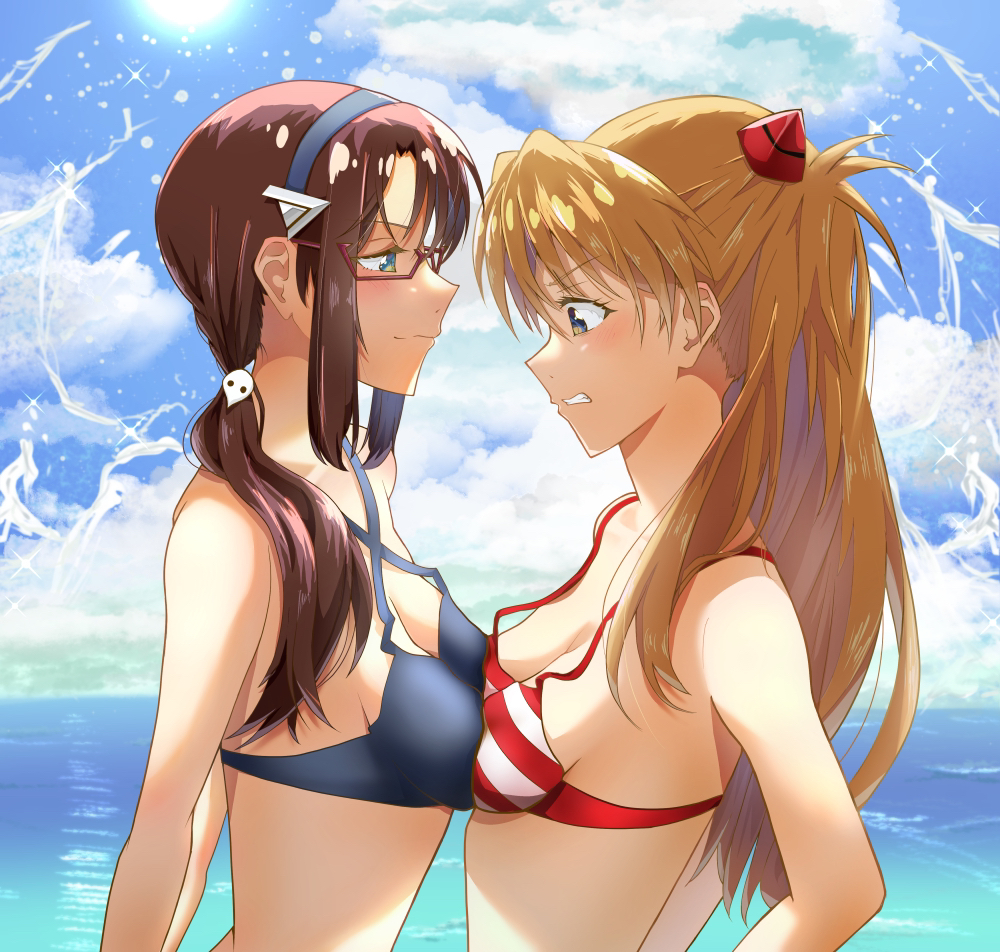 2girls, artist request, asuka langley sohryu, bikini, bikini top only, blue eyes, blush, breast envy, breast press, breasts, brown hair, catfight, cloud, cloudy sky, female, female only, glasses, hairband, long hair, looking at another, looking at breasts, makinami mari illustrious, mari illustrious makinami, medium breasts, multiple girls, neon genesis evangelion, ocean, orange hair, rivals, sky, smile, souryuu asuka langley, striped swimsuit, summer, swimsuit, symmetrical docking, teeth