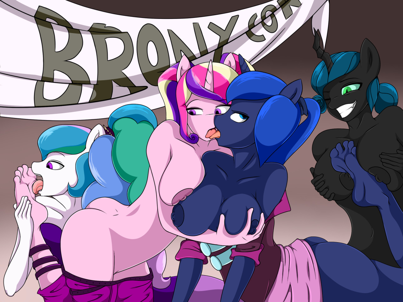 2016, alicorn, anthro, ass, banner, blue eyes, blue hair, bottomless, breast grab, breasts, breasts frottage, bronycon, bronypanda, changeling, cosplay, equine, feet, female, fondling, foot fetish, french kissing, friendship is magic, furry, green eyes, green hair, grin, grope, group, group sex, hair, hand on breast, horn, kissing, licking, looking back, mammal, multicolored hair, my little pony, nipples, one eye closed, open mouth, ponytail, princess cadance (mlp), princess celestia (mlp), princess luna (mlp), purple eyes, queen chrysalis (mlp), royal sisters (mlp), sex, slit pupils, tied hair, tongue, tongue out, topless, twintails, undressing, wings, wink, yuri