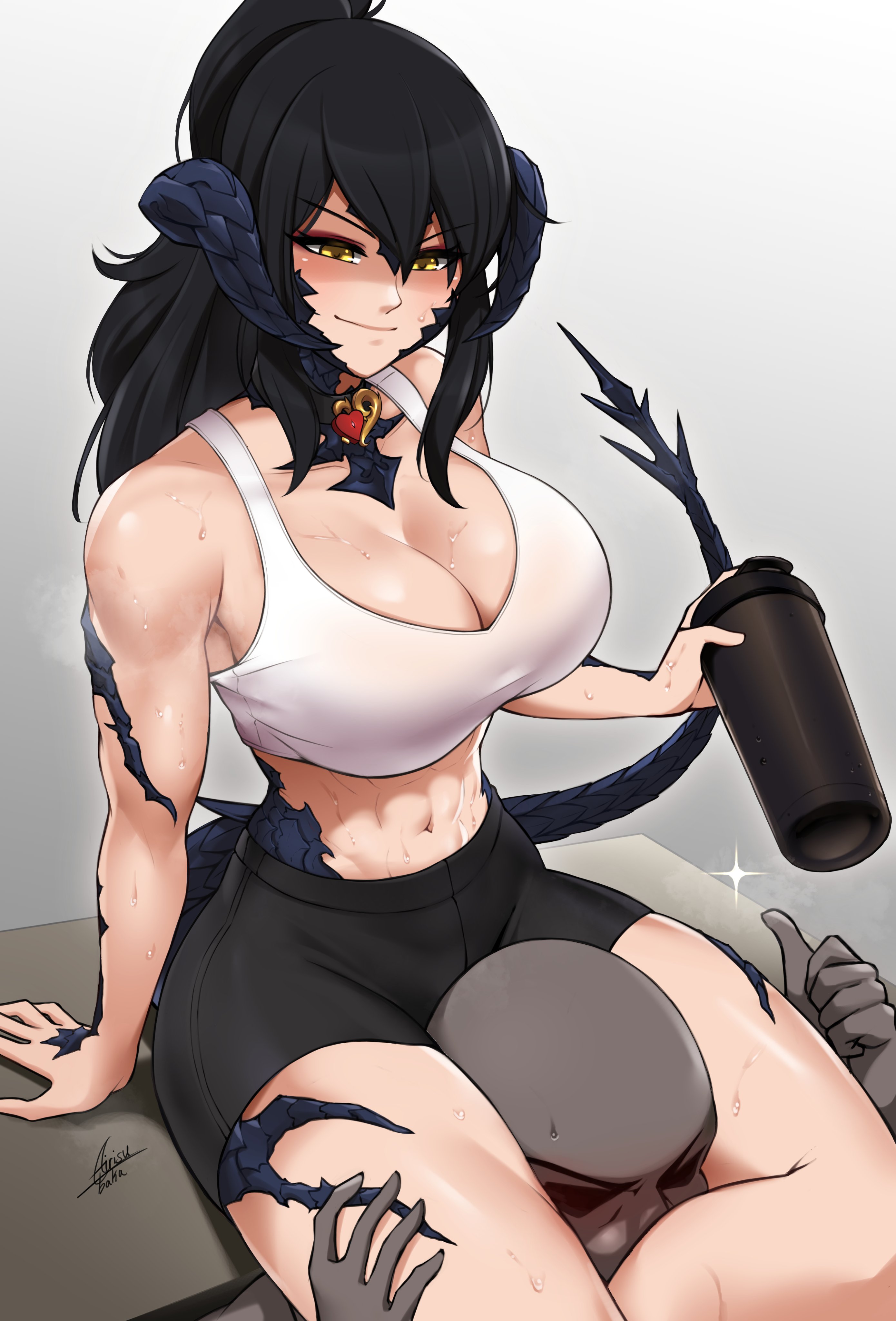 1girls, 1other, abs, airisubaka, anon, au ra, black hair, breasts, cleavage, femdom, final fantasy xiv, gym clothes, head between thighs, horned female, horns, large breasts, sapphira nyx, thick thighs, toned female, yellow eyes