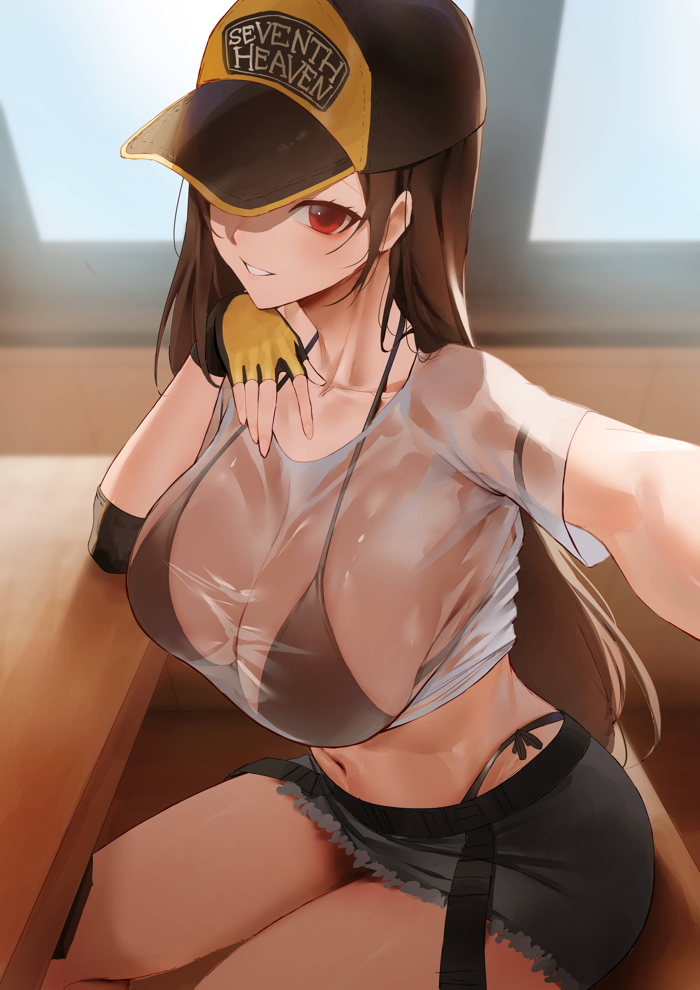 1girls, absurdres, beautiful woman, belted skirt, beltskirt, bikini, bikini under clothes, black bikini, breasts, brown hair, collarbone, crop top, denim skirt, elbow rest, female, female only, final fantasy, final fantasy vii, final fantasy vii: ever crisis, fingerless gloves, gloves, grin, hat, highres, jean skirt, large breasts, long hair, looking at viewer, mature woman, miniskirt, navel, official alternate costume, outstretched arm, panty straps, red eyes, rororo, see-through clothes, see-through shirt, selfie, sitting, skirt, smile, solo, stomach, strap gap, swimsuit, table, thighs, tifa lockhart, tifa lockhart (lifeguard), very long hair