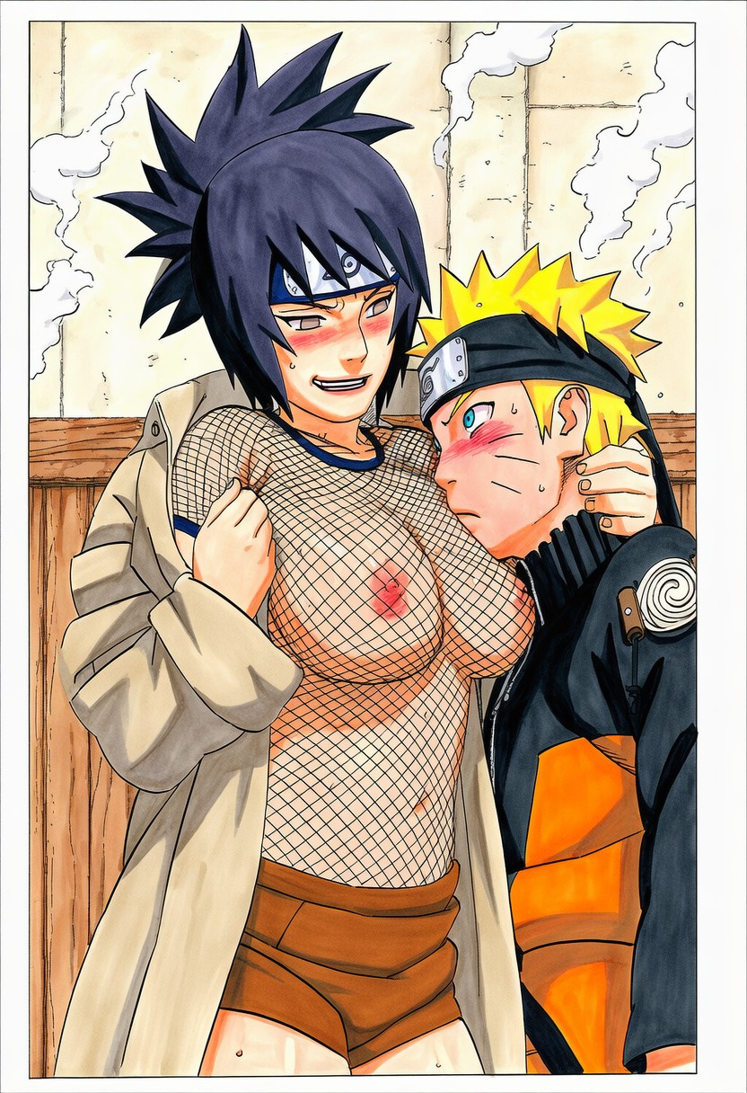 1boy, 1girls, accurate art style, adult and teenager, ai generated, before sex, belt, black hair, blue eyes, bodysuit, breast focus, breast press, breasts, breasts out, clothing, coat, exposed breasts, face against breast, female, female focus, fishnets, flashing, flashing breasts, flirting, forehead protector, grin, headband, high resolution, imminent sex, konohagakure symbol, male, manga style, masashi kishimoto style, mitarashi anko, naruto, naruto (series), naruto shippuden, naughty, naughty face, naughty smile, necklace, no bra, older male and younger female, oppai, ponytail, presenting, presenting breasts, seducing, see-through, see-through clothing, showing breasts, shunchi, skirt, smile, tease, teasing, trenchcoat, uncensored, undressing, upper body, uzumaki naruto, yellow hair