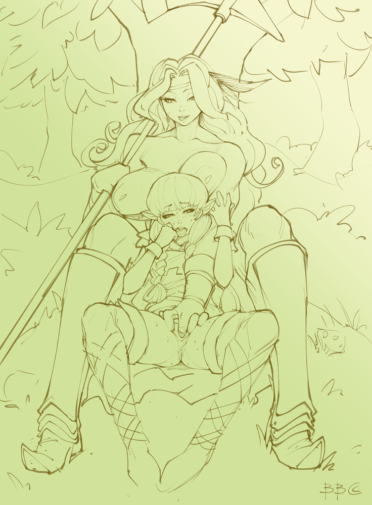 amazon, amazon (dragon's crown), bbc-chan, cute, dragon's crown, elf, elf (dragon's crown), female, masturbation, monochrome, sketch, yuri