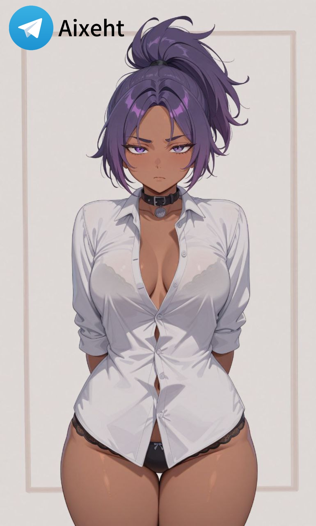 ai generated, arms behind back, brawl stars, breasts, buttons, collar, disdain, large breasts, legs together, panties, shelly (brawl stars), shirt, standing, thighs, unbuttoned shirt