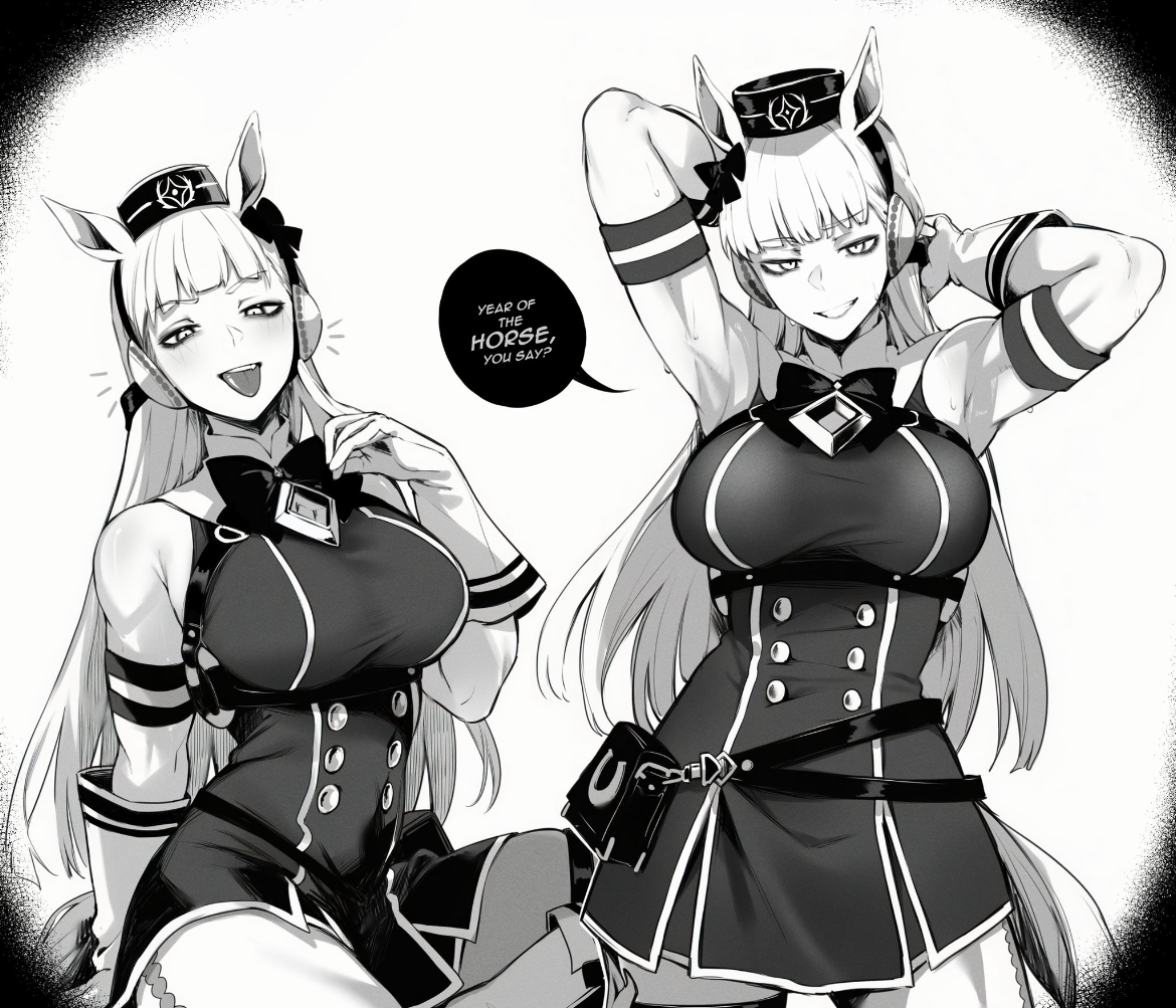 2026, armpit peek, armpits, big breasts, big thighs, breast outline, breasts, busty, busty female, cheeky, cheeky smile, clothed, curvy, curvy female, curvy figure, cute, cute face, cute female, female, female focus, female only, finger on face, fully clothed, gold ship (umamusume), hands behind head, horse, horse ears, horse girl, horse tail, long hair, looking at viewer, masoq095, posing, posing for the viewer, sexy, sexy body, sexy female, slim waist, small waist, solo, solo female, solo focus, thick thighs, thighs, tongue, tongue out, umamusume, umamusume pretty derby