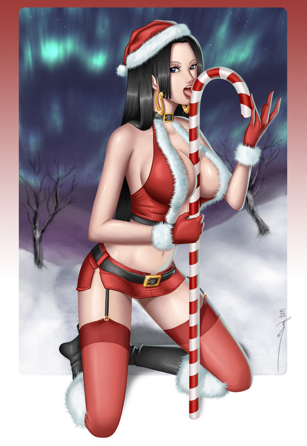 1girls, black hair, black-haired female, boa hancock, boots, christmas, female, female only, iury padilha, one piece, red socks, sexually suggestive, socks, solo, thigh boots, thigh socks, thighhighs