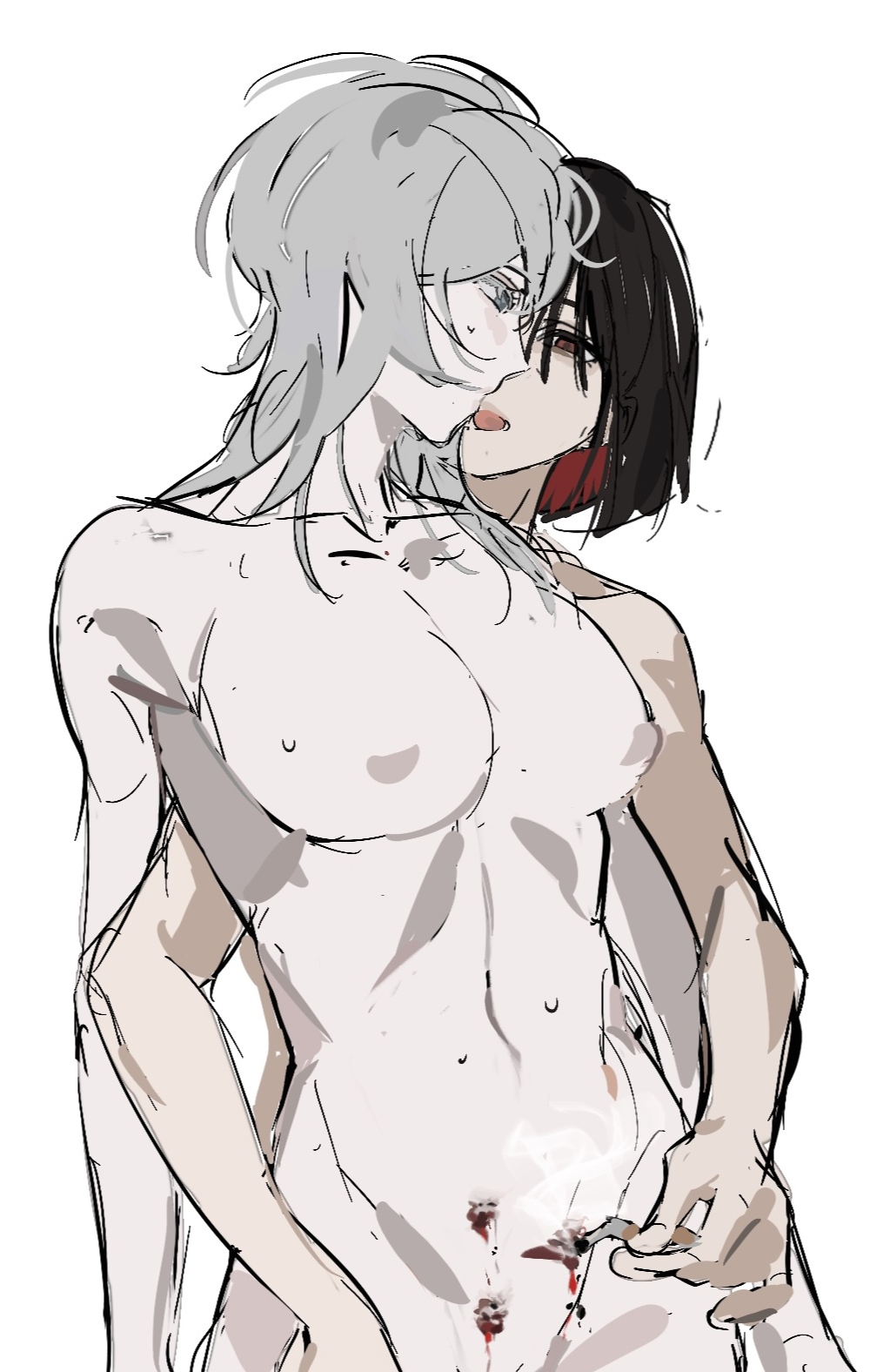 2girls, black hair, blood, blue eyes, bob cut, breasts, burn, burning, cigarette, cigarette burn, faust (limbus company), grey hair, hair over shoulder, lesbian sex, limbus company, ming ming, navel, nipples, nude, project moon, red eyes, ryoshu (limbus company), simple background, smoke, unfazed, unfazed by burning, yuri