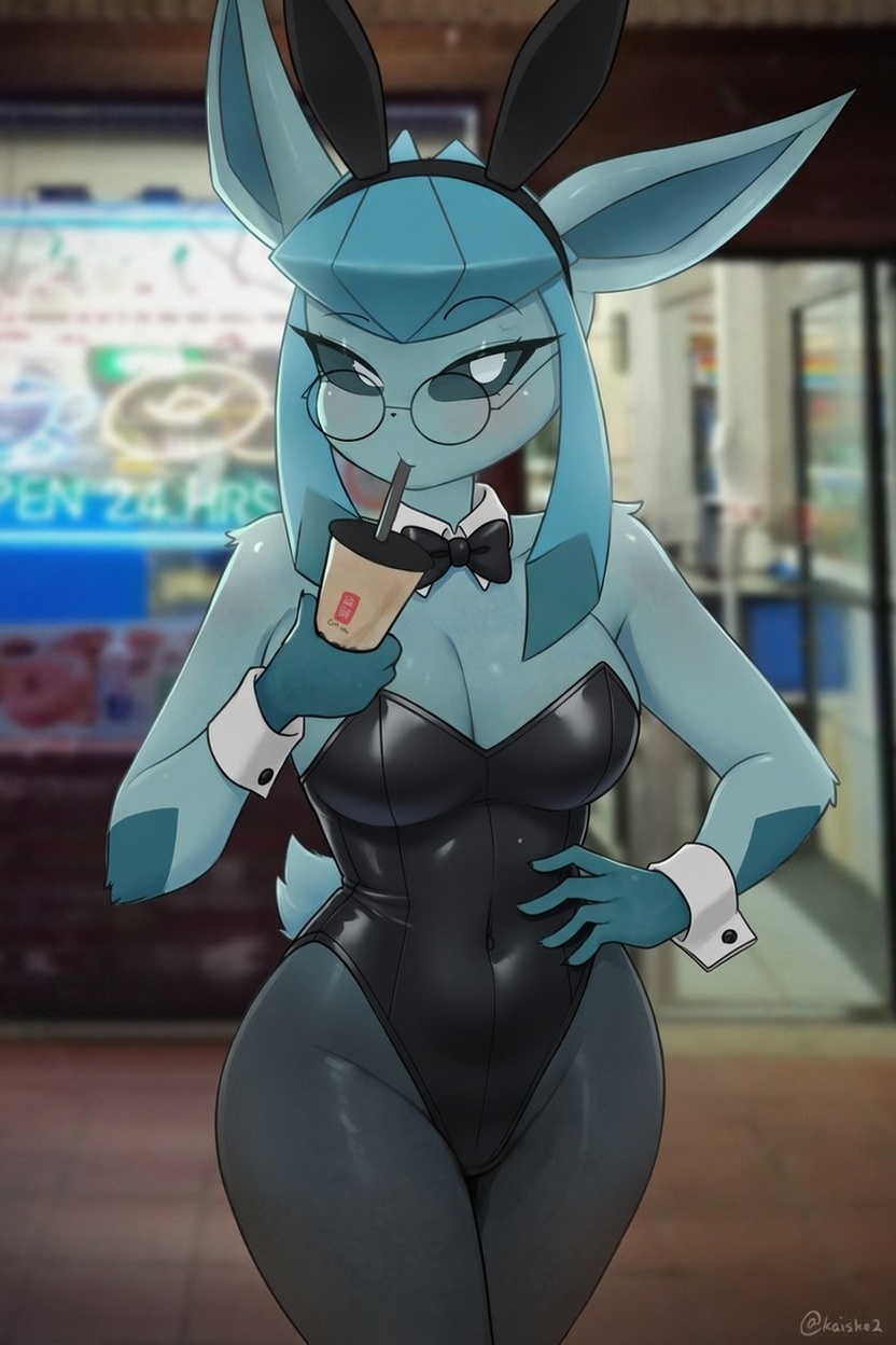 absurd res, anthro, anthrofied, big breasts, blue body, blue fur, blue hair, breasts, cleavage, clothed, clothing, container, cup, drinking, drinking straw, edit, eeveelution, eyewear, female, front view, fur, generation 4 pokemon, glaceon, glasses, hair, hi res, jacket, kaiske2, leggings, legwear, looking at viewer, midriff, nintendo, pokemon, pokemon (species), pokemorph, round glasses, solo, store, topwear, wide hips