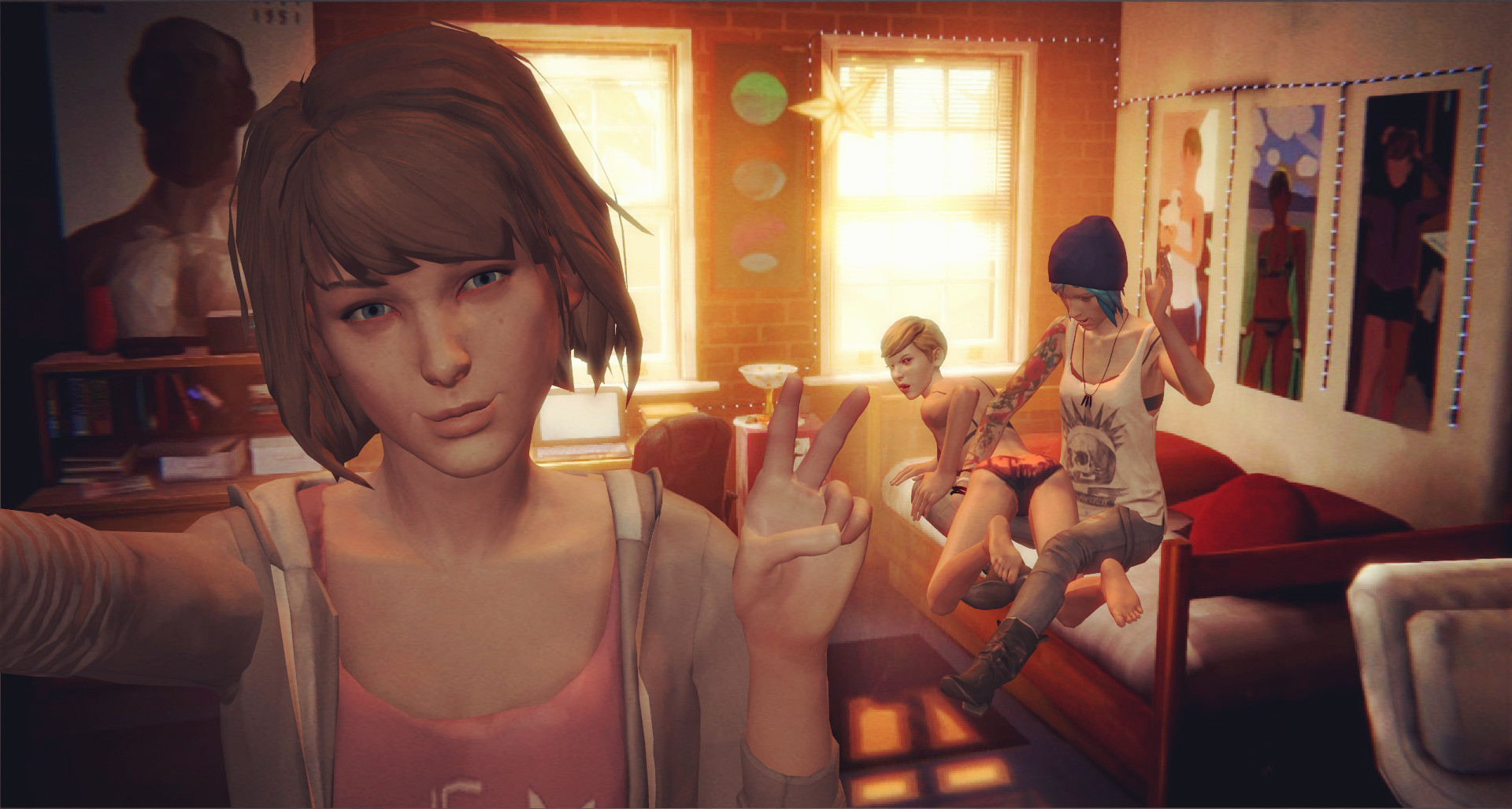 3d, 3girls, chloe price, female, gesture, human, life is strange, max caulfield, pale skin, rose-byanyother-name, spanking, v, victoria chase, yuri