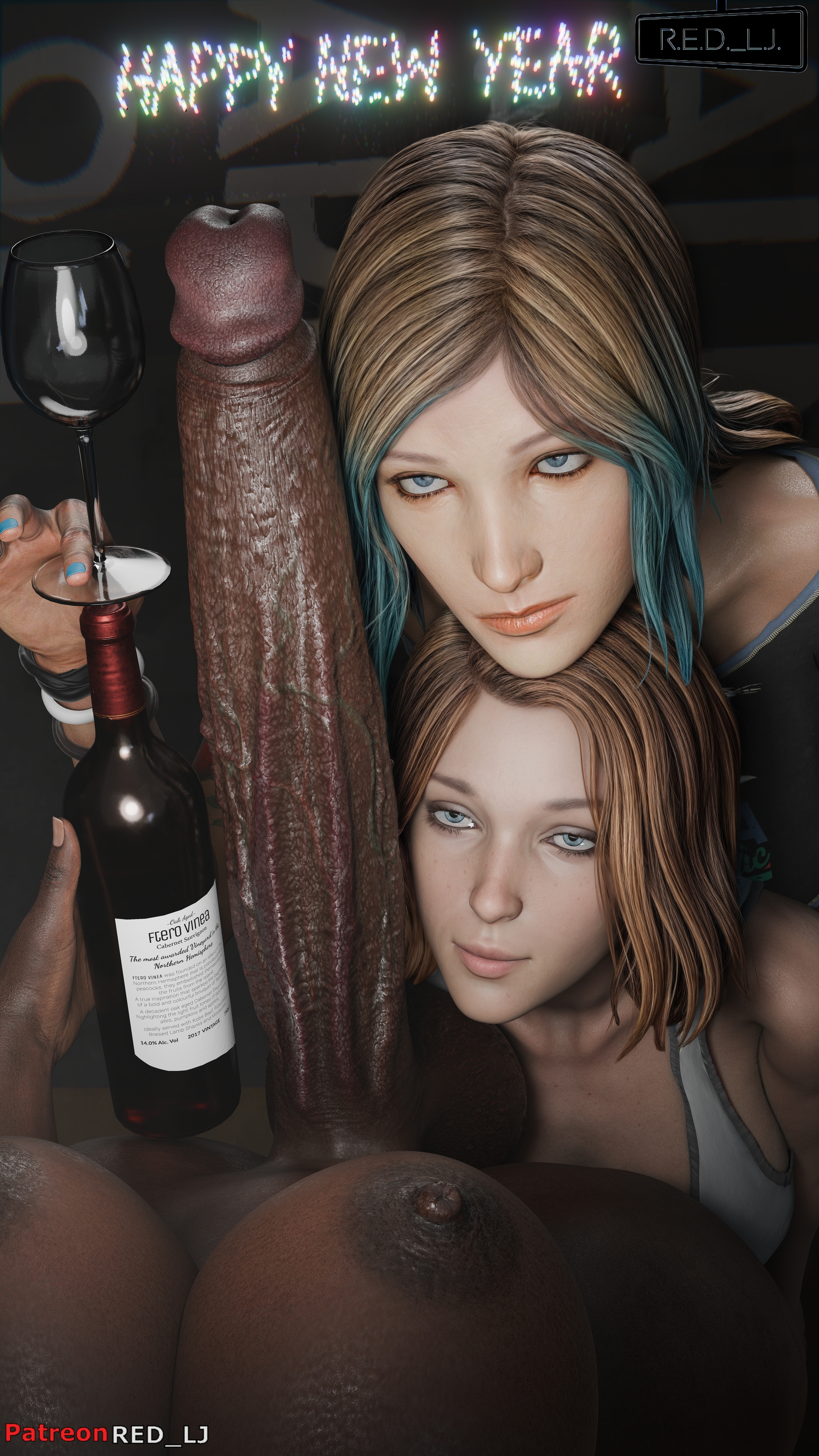 1futa, 2girls, 3d, absurdly large cock, alcohol, balls, big balls, big breasts, big penis, blue eyes, breasts, brown hair, chloe price, clothed female, cock, comparing penis, completely nude, dark skin, dark-skinned futa, female, fff threesome, futa with female, futanari, group, holidays, huge breasts, huge cock, interracial, intersex, life is strange, life is strange: double exposure, life is strange: true colors, light skin, light-skinned female, looking at partner, max caulfield, max caulfield (double exposure), multicolored hair, new year, nipples, nude, nude futa, penis, red lj, self upload, size comparison, testicles, threesome, trio, two-tone hair, watermark