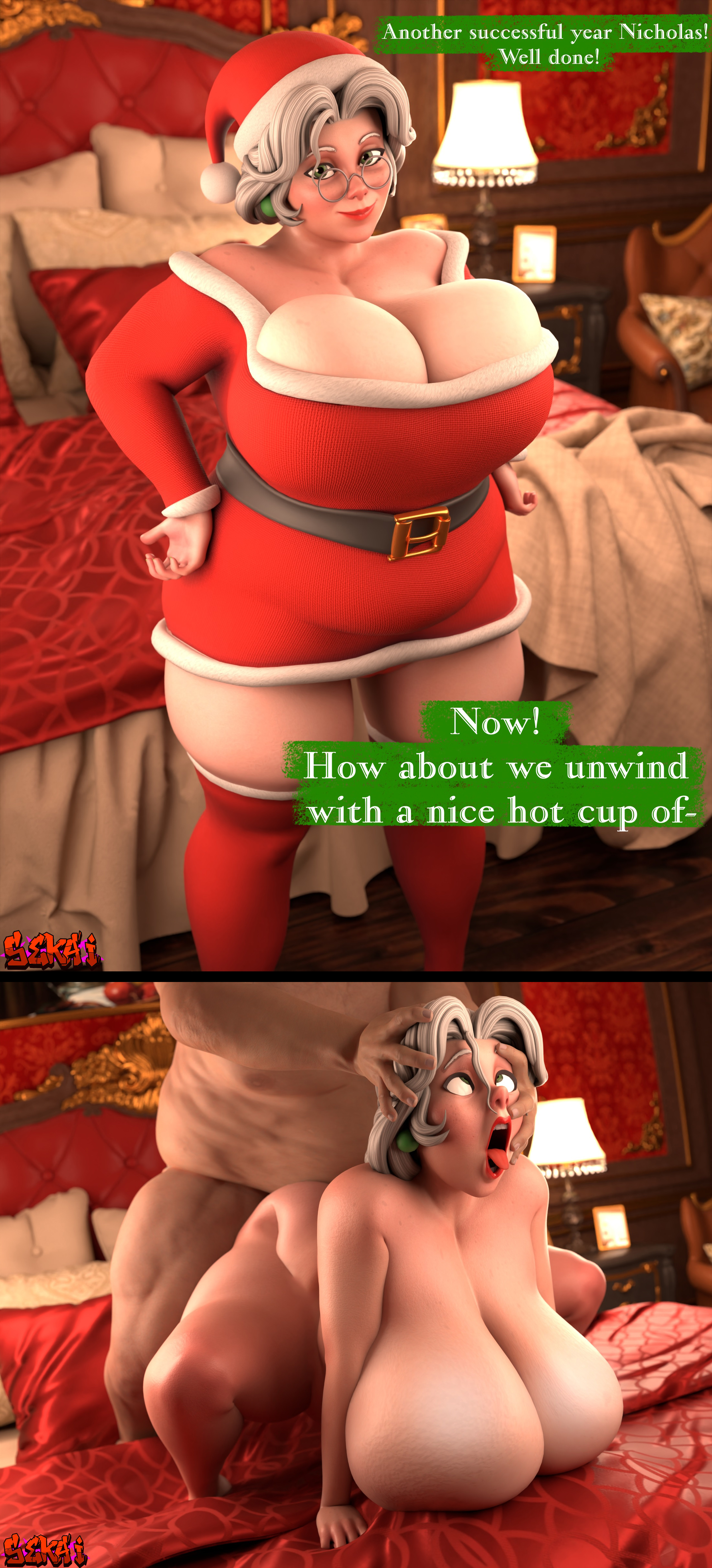 1boy, 1girls, 3d, christmas, christmas outfit, comic, doggy style, female, female focus, gilf, granny, grey hair, male, mrs. claus, old, old woman, santa claus, sekaithereturn, sex, speech bubble