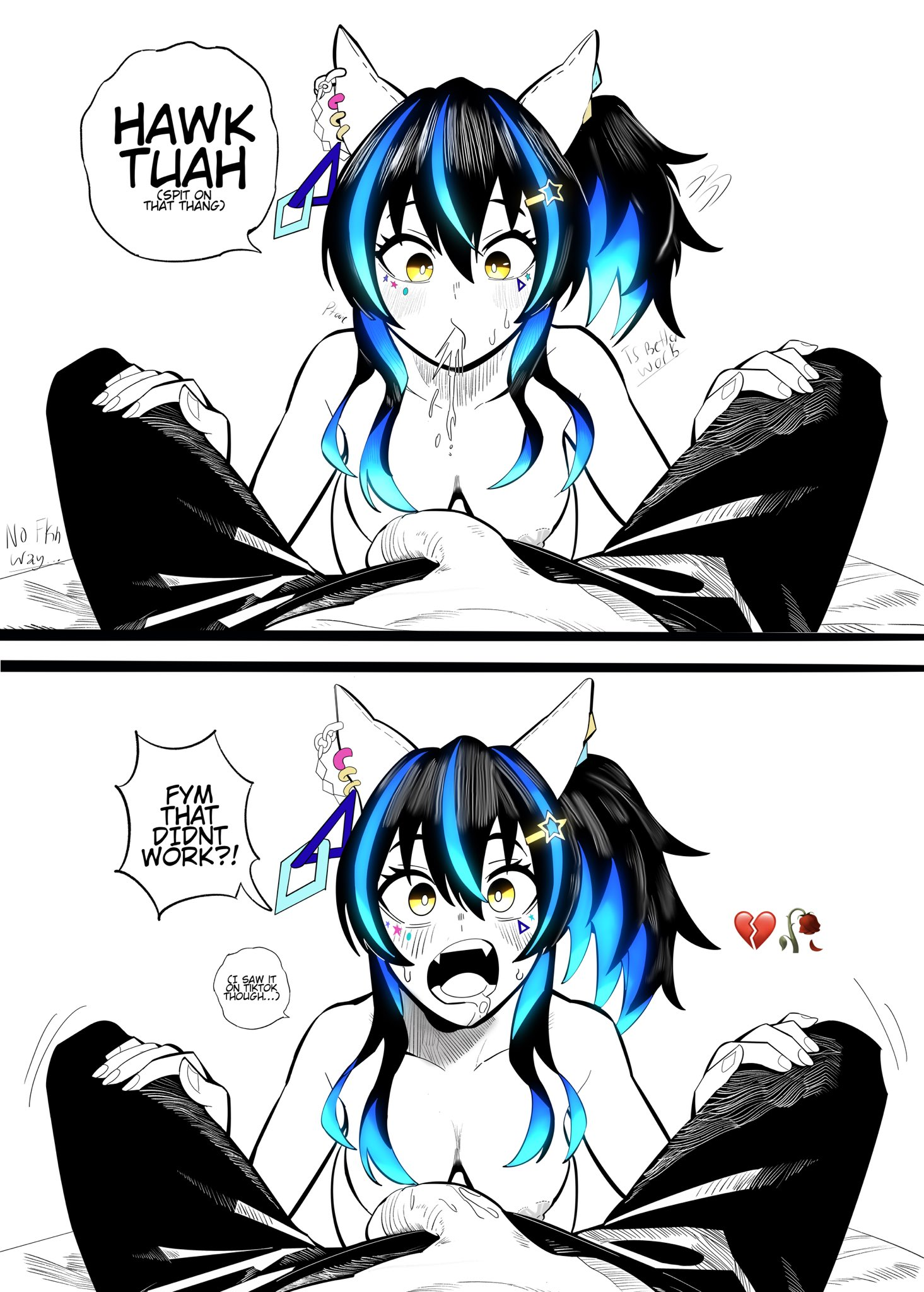 1boy, 1girls, 2koma, big penis, black hair, blue hair, blush, brainrot, breasts, daitaku helios (umamusume), dialogue, duplicate, ear accessory, ear piercing, english text, fang, female, flaccid, foreskin, foreskin folds, fully retracted foreskin, funny, hair ornament, hawk tuah, horse girl, kunitoro, kunitoro (artist), large penis, looking at viewer, male, meme, nipples, partially retracted foreskin, penis, pov, retracted foreskin, spitting on penis, topless, topless female, two-tone hair, umamusume, umamusume pretty derby, uncircumcised, uncircumcised penis, uncut, unseen male face, yellow eyes
