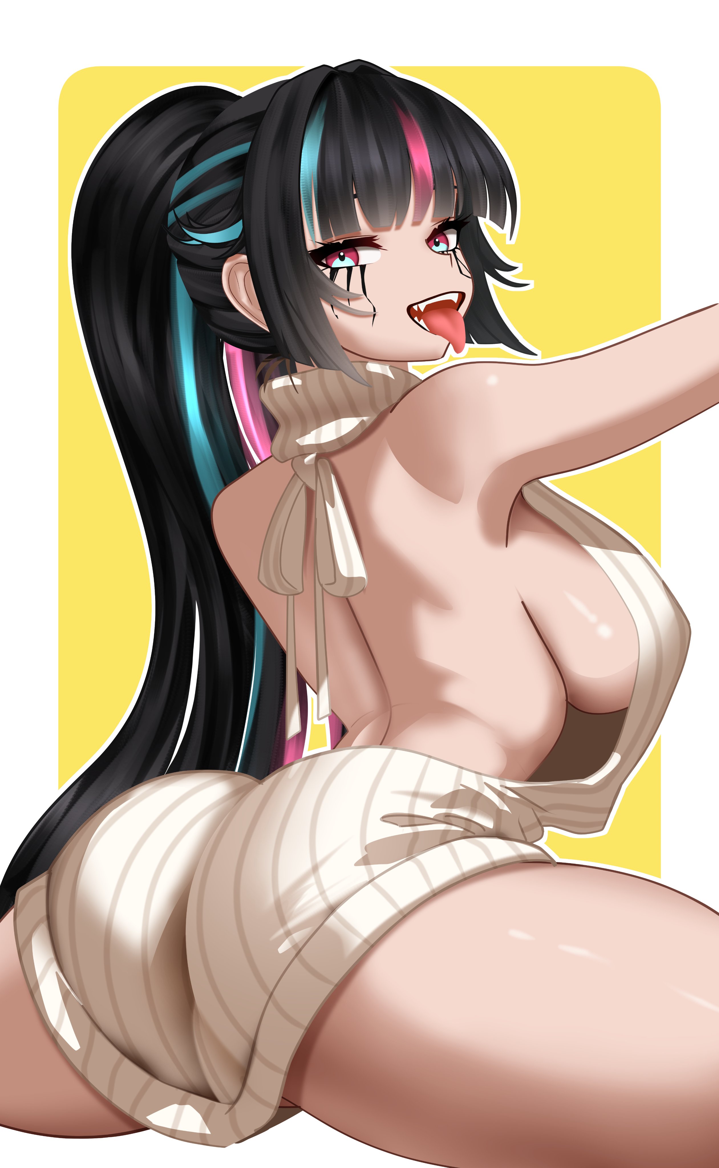 back, back view, big ass, big breasts, blue eyes, emma llama, female, fingernails, gloves, heartikoo, highres, indie virtual youtuber, ink, large breasts, long hair, looking at viewer, multicolored eyes, multicolored hair, n4hkz, open mouth, pink eyes, pink hair, shiny skin, solo, streaked hair, suggestive, sweater, thighs, tongue, tongue out, two-tone eyes, very long hair, virgin killer sweater, virtual youtuber, voluptuous, voluptuous female