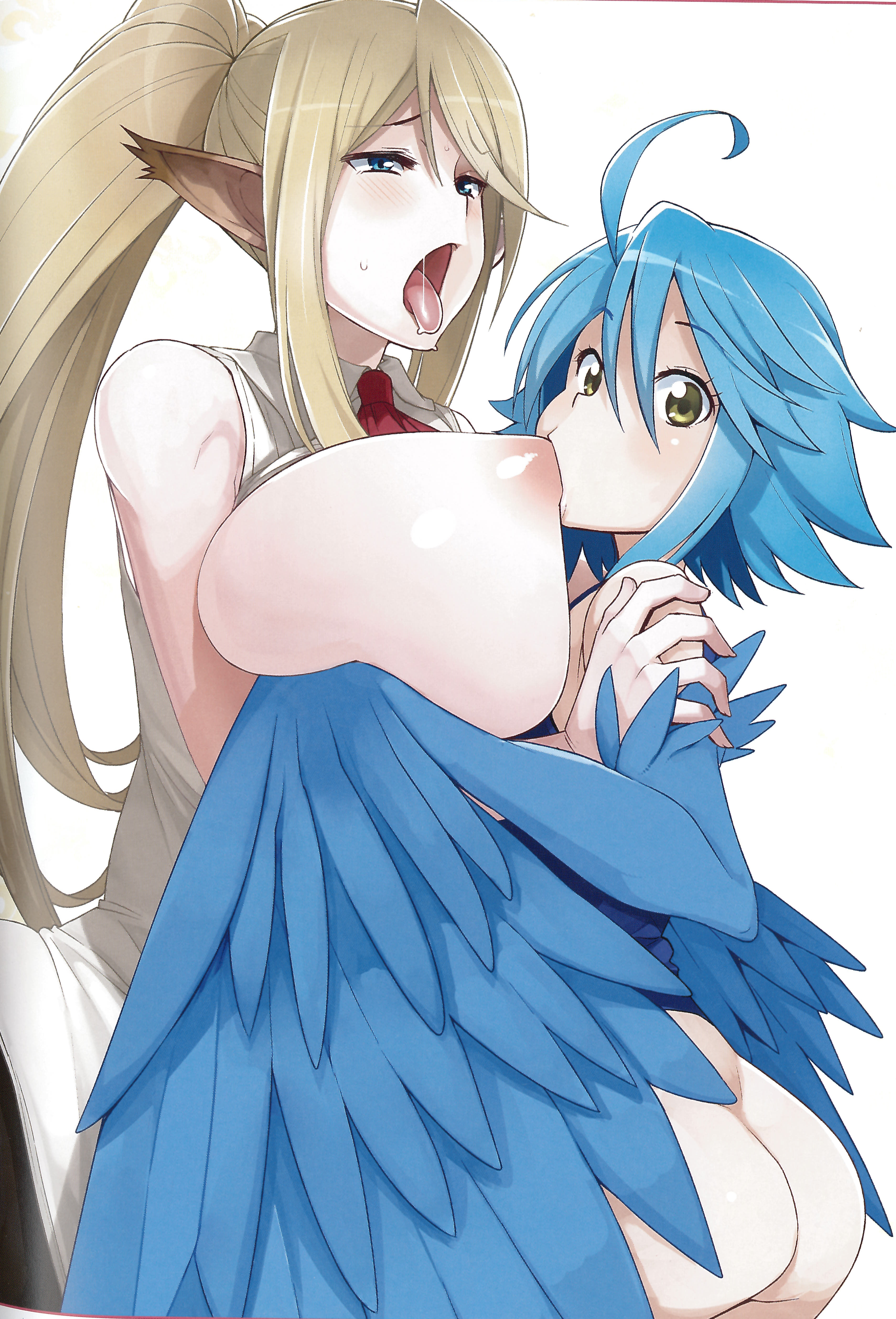 absurd res, areola, ass, avian, big breasts, blonde hair, blue eyes, blue feathers, blue hair, blush, breast sucking, breasts, centaur, centorea shianus, clothing, duo, equine, equine taur, feathers, female, hair, harpy, hi res, huge breasts, lesbian, long hair, looking at viewer, mammal, monster girl, monster musume no iru nichijou, necktie, nipple suck, nipples, open mouth, papi (monster musume), shirt, short hair, sucking, taur, tongue, tongue out