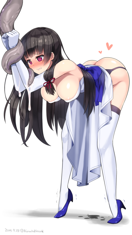 artist_request bent_over black_hair blush breasts butt_crack character_request cleavage copyright_request cum elbow_gloves erect_nipples female female_only garter_straps hair_ornament hair_ribbon heart heart-shaped_pupils heels human long_hair partially_visible_nipples purple_eyes pussy_juice pussy_juice_pool restrained shivering simple_background solo standing stockings straddling symbol-shaped_pupils tentacle thighhighs veiny veiny_tentacle white_background white_legwear