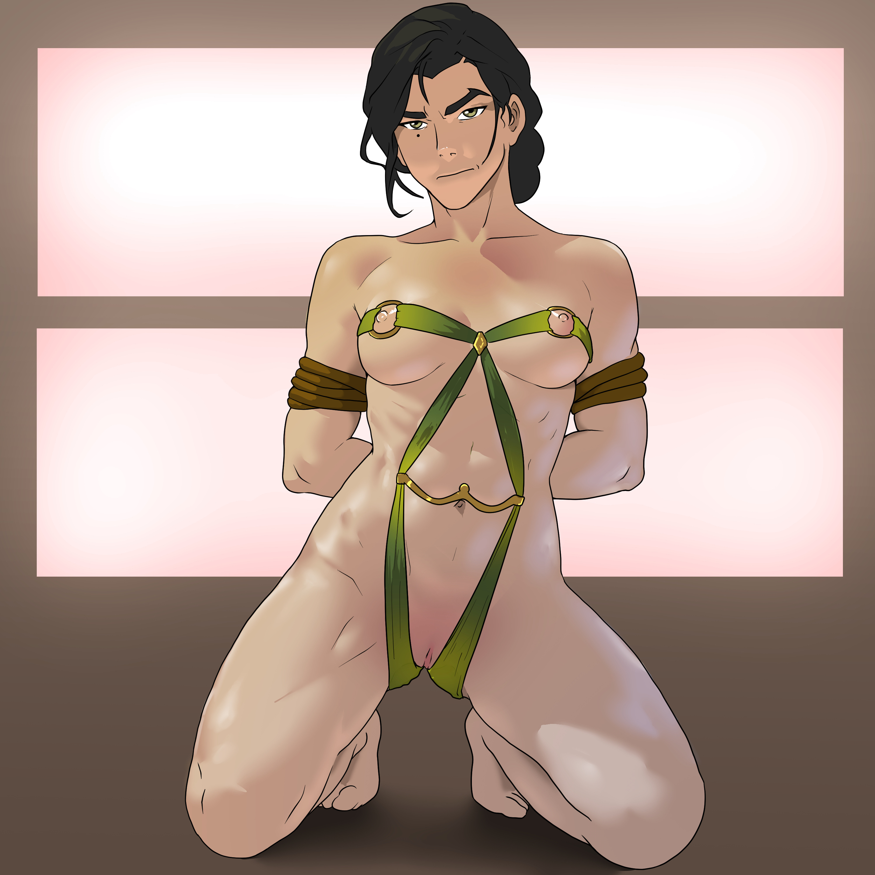 1girls, avatar the last airbender, black hair, breasts, clothing, earth kingdom, female, female only, green eyes, harem girl, harem outfit, huge breasts, kuvira, large breasts, looking at viewer, nickelodeon, nipples, pussy, solo, solo female, tagme, the legend of korra, undressing, undrsydr, vagina