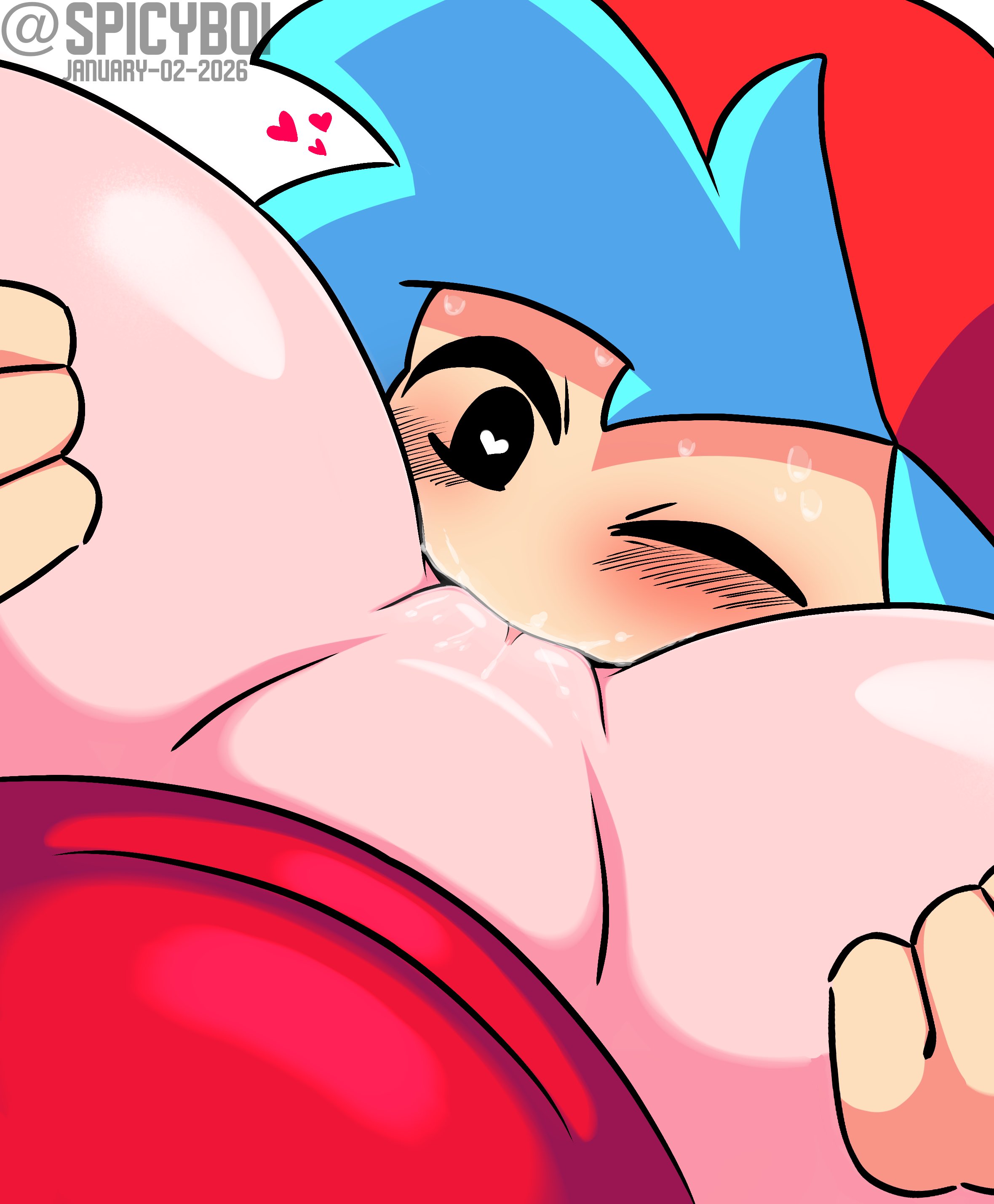 1boy, 1girls, blue hair, blush, boyfriend (friday night funkin), cunnilingus, dated, eating pussy, female, friday night funkin, girlfriend (friday night funkin), hands on thighs, hat, heart, heart-shaped pupils, male, one eye closed, pussy, pussy juice, spicyboi, spread legs, sweat, tagme, thick thighs, twitter username, white background