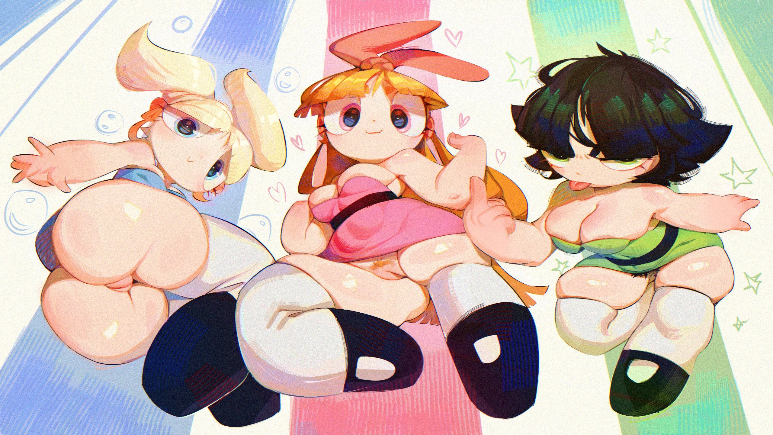 2d, 2d (artwork), 2d artwork, 3girls, age difference, aged up, ass, big booty, big breasts, big butt, blonde hair, blossom (powerpuff girls), blue clothing, breasts, breasts out, brown hair, brown hair female, bubbles, bubbles (powerpuff girls), buttercup (powerpuff girls), cartoon, cartoon network, cartoony, female, green clothing, hair, huhujujuy, lips, looking at viewer, orange hair, pink clothing, powerpuff girls, pubes, pussy, smile, smiling, smiling at viewer, thick, thick ass, thick hips, thick legs, thick thighs, thighs, wide ass, wide hips, wide thighs
