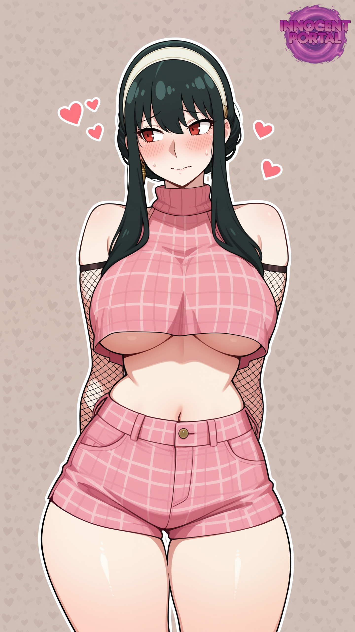 ai generated, big breasts, blush, breasts, child bearing hips, cute, dark hair, detached sleeves, earrings, fanart, fishnet sleeves, fishnets, hair ornament, hairband, heart, hearts around head, hips, jorgecarlosai, long hair, looking away, milf, mommy, mommy kink, mommy milkers, navel, pink clothing, plaid, plaid clothes, plaid shorts, plaid topwear, red eyes, sexy, sexy body, sexy pose, shorts, shoulderless topwear, shoulders, shy, shy expression, spy x family, thighs, tied hair, turtleneck, underboob, watermark, yor briar, yor forger