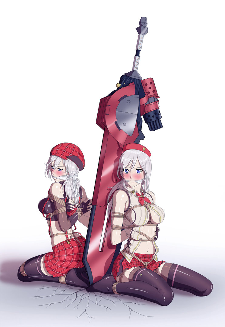 2girls alisa_ilinichina_amiella arms_behind_back blush bondage cleave_gag female female_only femsub gag god_eater kneeling multiple_girls multiple_subs plaid reptileye rope skirt weapon