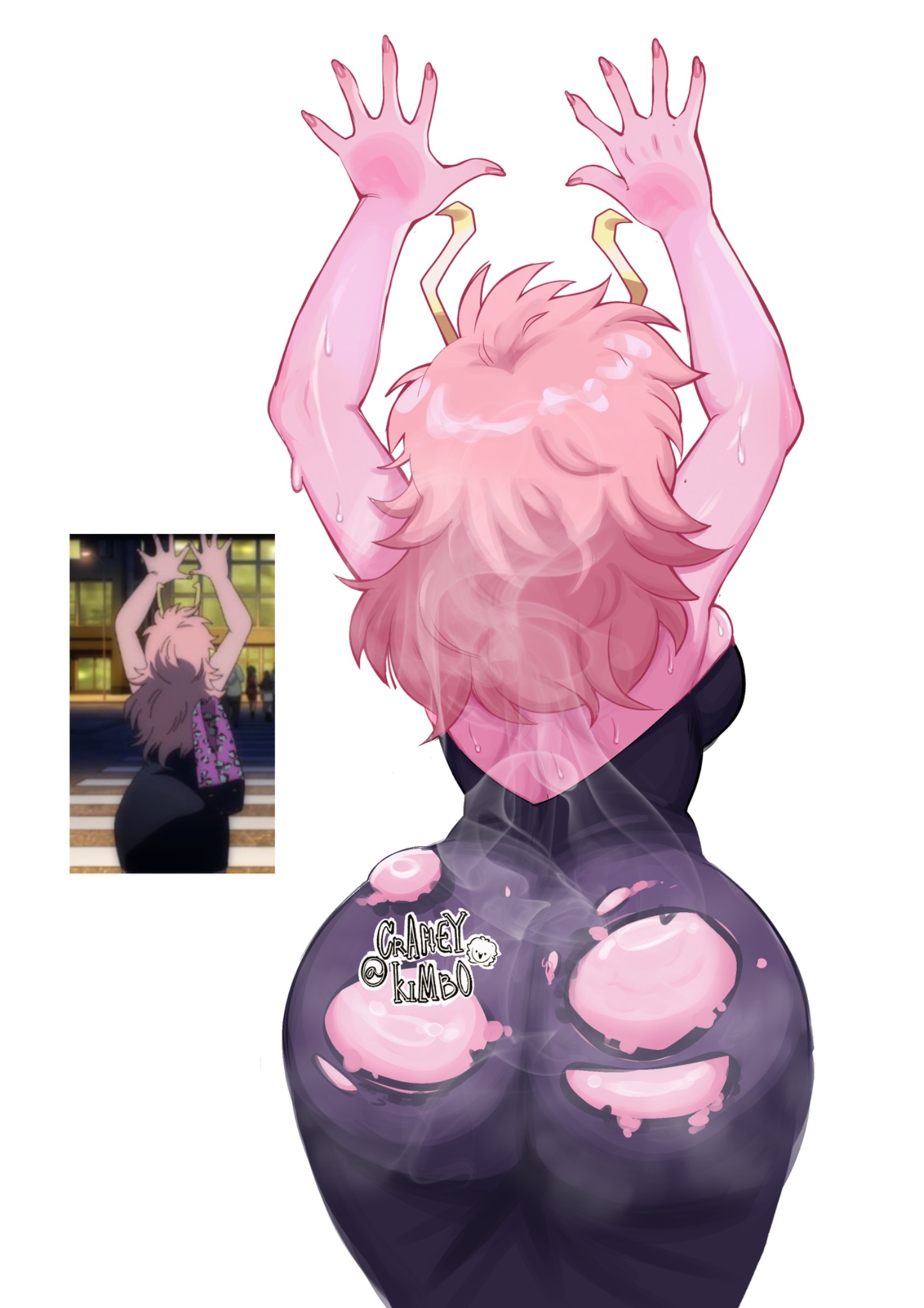 1girls, 2026, 2d, ability indecency, acid, alternate version available, arms up, ass, ass focus, ass of the gods, back view, backless dress, big ass, black dress, clothed, clothed female, clothing, damaged clothes, disolving clothes, dress, exposed, exposed ass, female, hi res, horns, kimboscraft, medium hair, medium-haired female, mina ashido, mina ashido time-skip, my hero academia, my hero academia (finale), pink hair, pink skin, pink-haired female, pink-skinned female, post-timeskip, quirk (mha), quirk usage, reference image, simple background, solo, sweat, sweaty, sweaty body, tight clothing, torn clothes, twitter username, white background