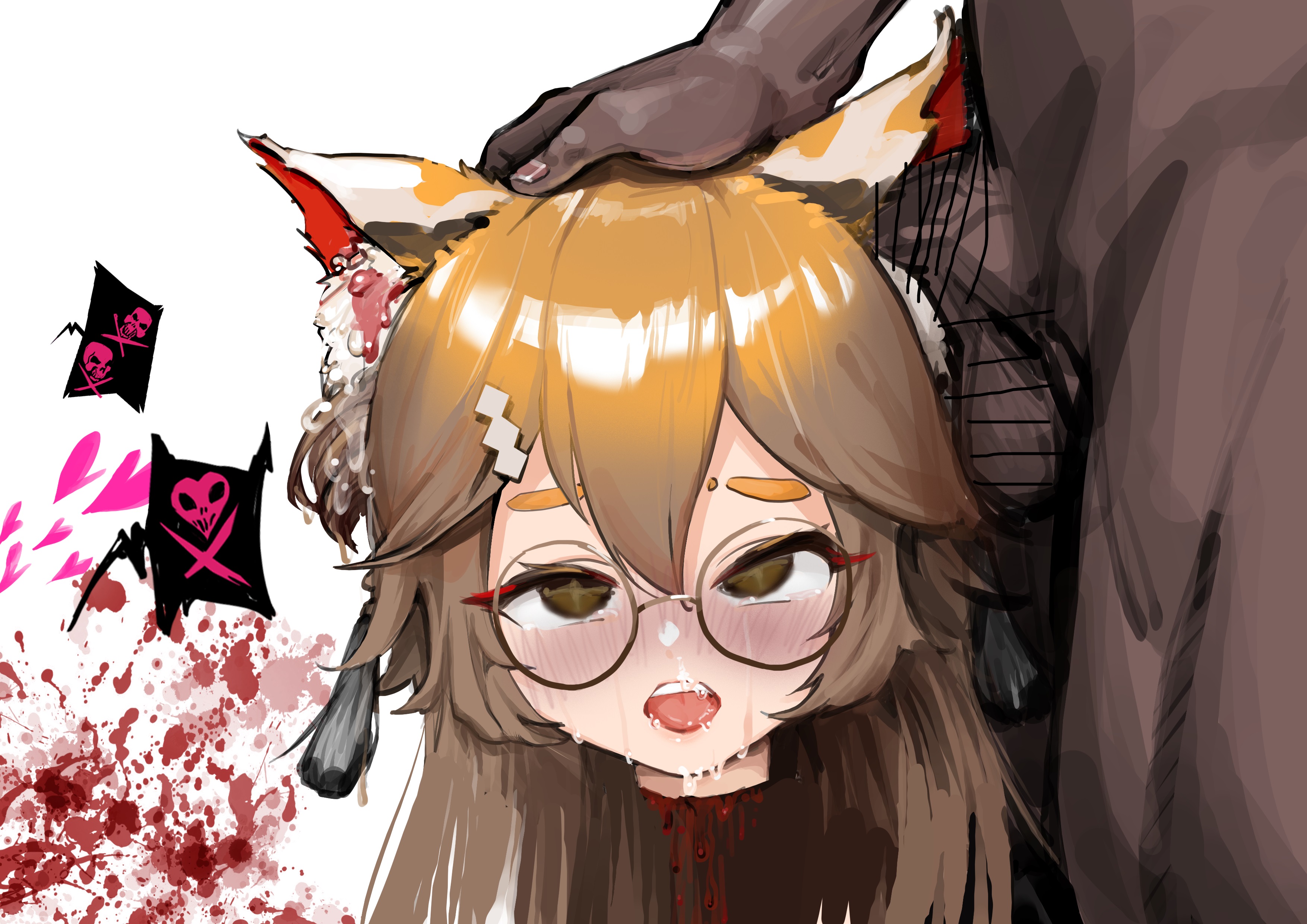 1boy, 1girl, 1girls, animal ears, blood, blush, brain matter, corpse, cum, cum in ear, death, decapitation, ear penetration, empty eyes, gore, guro, kiti (virtuareal), necrophilia, nijisanji, orange hair, qiyuu 7u, severed head, sex, skull fucking, snuff, tail, tears, thick eyebrows, tongue out, virtual youtuber, virtuareal, yellow eyes