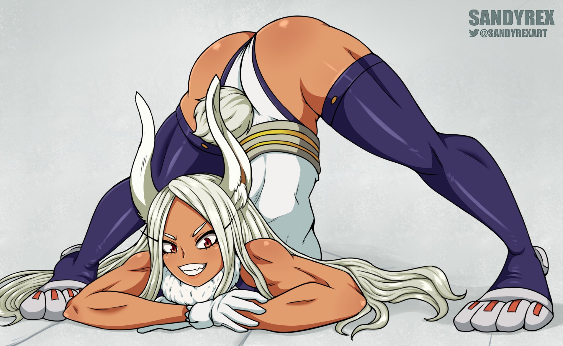 2d, 2d (artwork), alternate version available, ass, big ass, boku no hero academia, bunny ears, bunny girl, bunny tail, clothed, clothed female, clothing, dark skin, dark-skinned female, female, female focus, female only, fully clothed, fully clothed female, jack-o pose, looking at viewer, miruko, muscular, muscular female, muscular thighs, my hero academia, pose, posing, rumi usagiyama, rumi usagiyama (hero outfit), sandyrex, shiny, shiny skin, smile, smiling, smiling at viewer, solo, solo female, solo focus, thighhighs, watermark