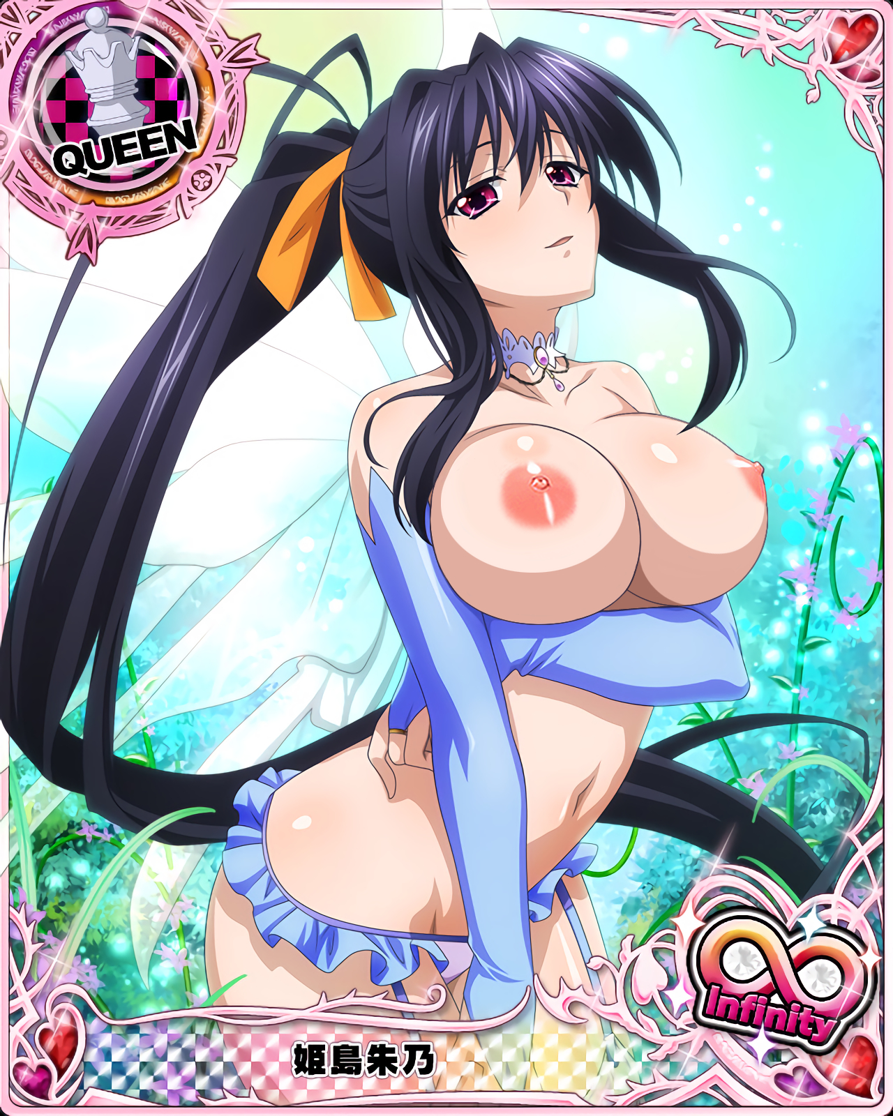 1girls, akeno himejima, black hair, card (medium), cartoony, female, female only, high school dxd, magenta eyes, photoshop, solo, topless