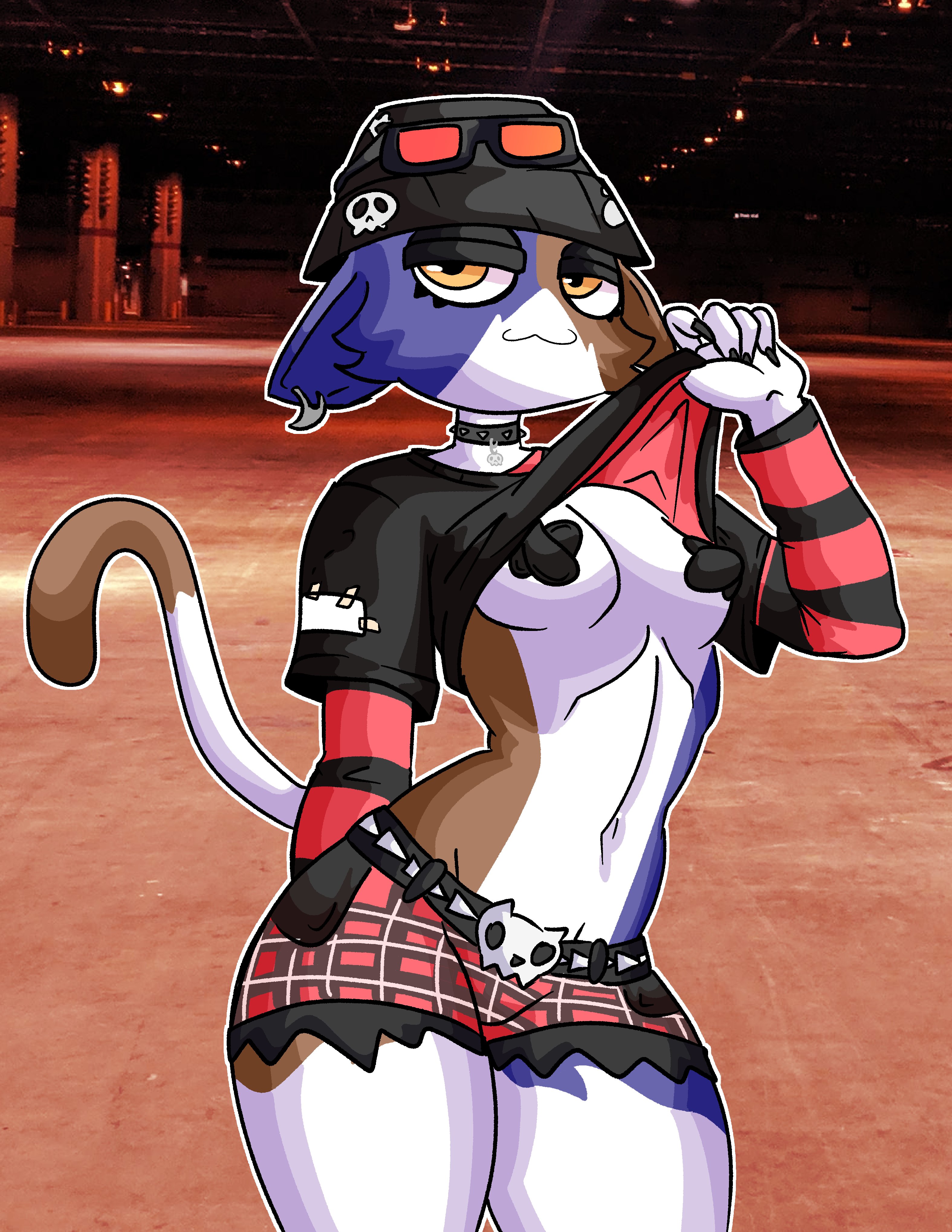 :3, 1girls, alternate version available, anthro, belly, belly button, black shirt, breasts, bucket hat, cat ears, cat tail, catgirl, chetoh, clothed female, earrings, epic games, female, female focus, female only, fortnite, fortnite: battle royale, furry, furry female, furry only, hat, lifting shirt, looking at viewer, meow skulls (fortnite), metalhead meow skulls, miniskirt, orange eyes, pasties, photo background, raised shirt, shirt, smile, smiling, smiling at viewer, solo, solo female, solo focus