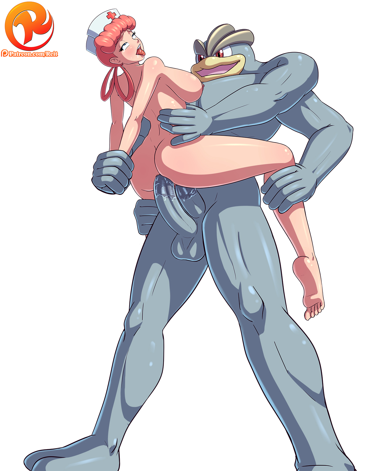1boy, 1girls, ahe gao, anal, anal sex, areolae, arm grab, ass, back, balls, barefoot, big breasts, blue eyes, breasts, diphallia, diphallism, double penetration, drooling, eyelashes, feet, female, female on humanoid, grey skin, human, human on humanoid, interspecies, leg grab, machamp, male, male on female, multi arm, multi genitalia, multi limb, multi penis, muscular, nintendo, nipples, nude, nurse joy, open mouth, penis, pink hair, pokemon, pokemon (species), pokephilia, pussy, pussy juice, rape, red eyes, reit, rolling eyes, saliva, sex, smile, straight, tears, testicles, text, tongue, tongue out, vaginal penetration, wet, white background