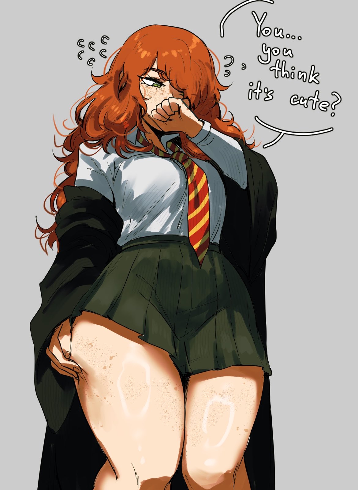 1girls, breasts, female, female focus, female only, genderswap, harry potter, large breasts, light skin, light-skinned female, oyxee, ron weasley, rule 63, school uniform, skirt, solo, thick thighs, thighs, wide hips