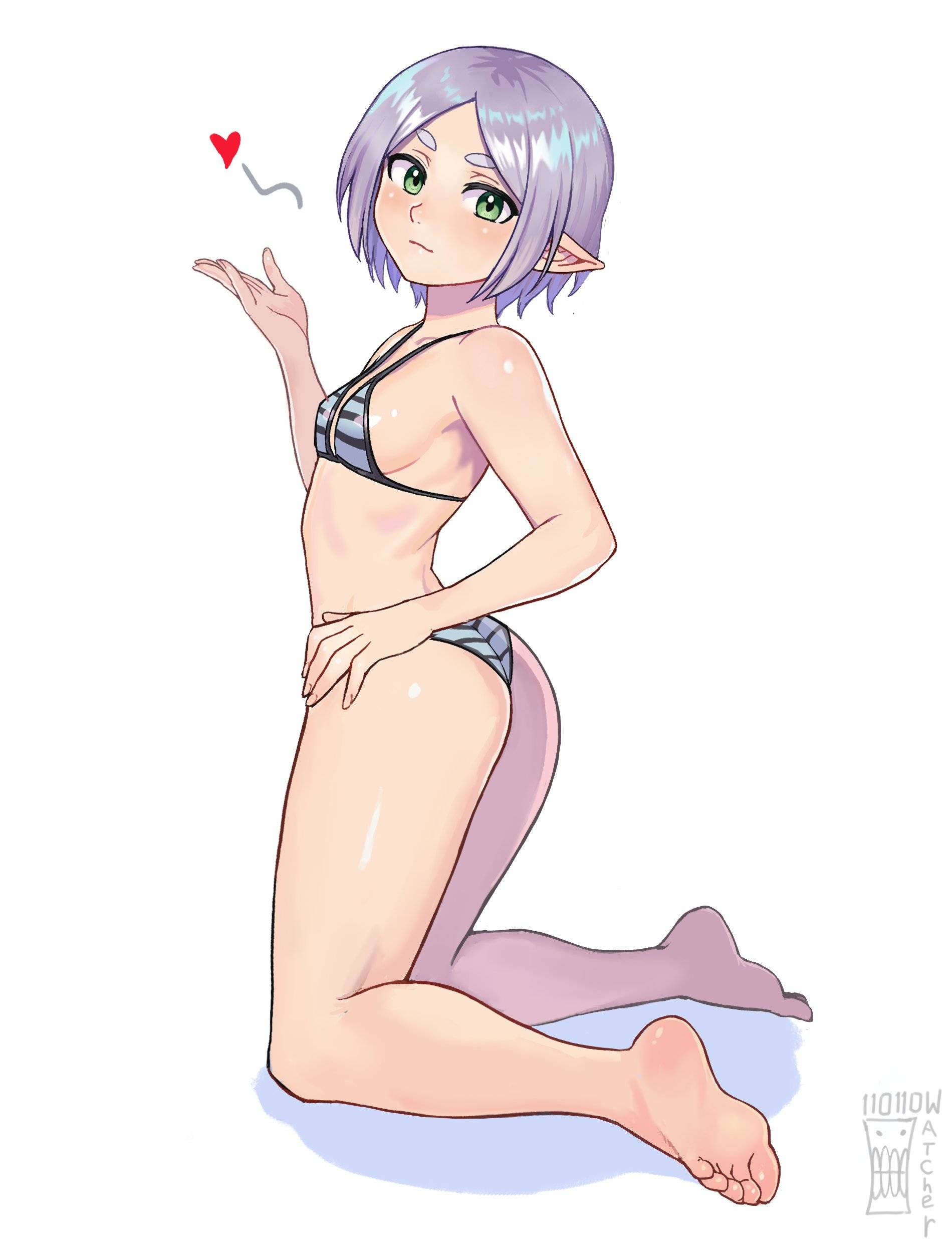 1girls, 2d, 2d (artwork), 2d artwork, almost naked, almost nude, anime, anime character, ass, ass cleavage, ass crack, background, bare armpits, bare arms, bare back, bare belly, bare calves, bare chest, bare hands, bare hips, bare knees, bare legs, bare midriff, bare shoulders, bare skin, bare soles, bare thighs, bare toes, barefoot, belly, bikini, bikini bottom, bikini only, bikini top, black bikini, black bikini bottom, black bikini top, black swimsuit, black swimwear, blank background, breasts, butt, calves, closed mouth smile, collarbone, digital, digital art, digital drawing, digital drawing (artwork), digital media, digital media (artwork), drawing, elbows, elf, elf ear, elf ears, elf female, elf girl, exposed, exposed armpits, exposed arms, exposed back, exposed belly, exposed chest, exposed hips, exposed legs, exposed midriff, exposed shoulders, exposed skin, exposed thighs, exposed toes, eye-level view, fanart, feet, female, female focus, female only, female protagonist, fingernails, fingers, flying kiss, frieren, from side, full body, full body view, glistening ass, glistening body, glistening boobs, glistening breasts, glistening butt, glistening hair, glistening legs, glistening shoulders, glistening skin, glistening thighs, glossy ass, glossy breasts, glossy butt, glossy hair, green eyes, green-eyed female, grey bikini, grey bikini bottom, grey bikini top, grey swimsuit, grey swimwear, groin, halterneck, head tilt, inframammary fold, kneeling, kneeling female, kneeling on floor, kneeling on ground, kneepits, knees, lean figure, legs, light smile, looking at viewer, looking sideways, looking to the side, madhouse, manga character, midriff, monotone background, mostly nude, naked, naked female, naked woman, narrow waist, nearly nude, no pants, no shoes, nude, nude female, nudity, one color background, parted bangs, petite, petite body, petite breasts, petite female, petite girl, petite tits, plain background, pointy ears, portrait, posing, posing for the viewer, posing naked, posing nude, practically nude, shiny ass, shiny body, shiny breasts, shiny butt, shiny hair, shiny legs, shiny shoulders, shiny skin, shiny thighs, short hair, shoulders, side view, sideboob, sidelocks, silver eyebrows, silver hair, silver hair female, silver-haired female, sitting, slender body, slender waist, slight smile, slim female, slim waist, small boobs, small breasts, small tits, smile, smiley face, smiling, smiling at viewer, soles, solid color background, solo, sousou no frieren, string bikini, striped bikini, striped bikini bottom, striped bikini top, striped swimsuit, striped swimwear, swimsuit, swimwear, thighs, tilted head, tiny breasts, tiny tits, toes, watcher hollow, white background, white hair, white-haired female
