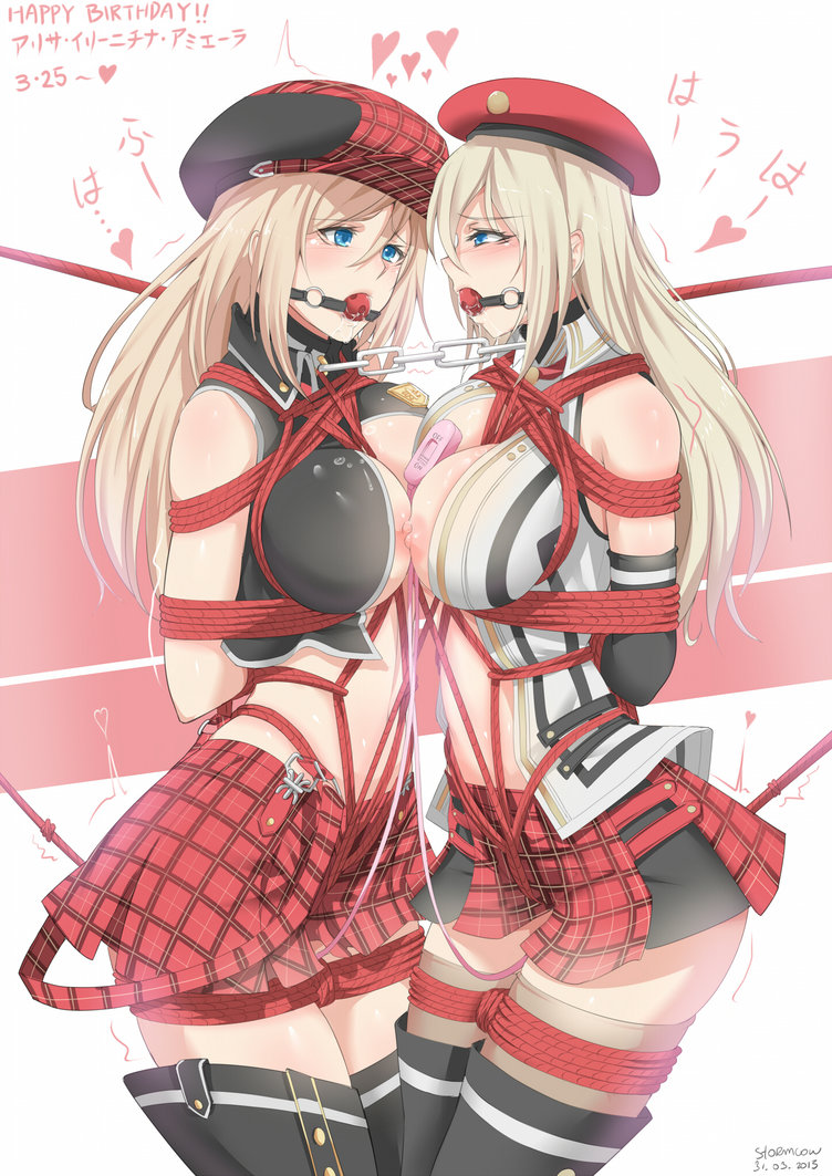 2girls alisa_ilinichina_amiella arms_behind_back ball_gag bondage bound_together collar crotch_rope drool ekalos female female_only femsub gag god_eater leash linked_collar multiple_girls multiple_subs plaid rope skirt vibrator