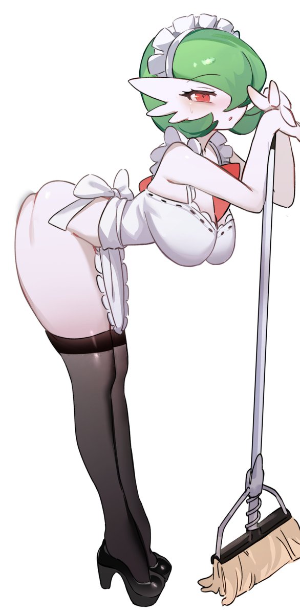 1girls, against wall, apron, apron only, arched back, ass, big ass, big breasts, big thighs, blush, blushing, bottomless, breasts, busty, chunniwa, cleavage, female, female only, gardevoir, green hair, heels, high heels, huge ass, huge breasts, huge thighs, large ass, large thighs, leaning forward, looking at viewer, maid, maid headdress, no panties, pelvic curtain, pokemon, pokemon (species), red eyes, short hair, slim waist, solo, solo female, standing, thick, thick ass, thick thighs, thighhighs, thighs, voluptuous, voluptuous female, white background, white body