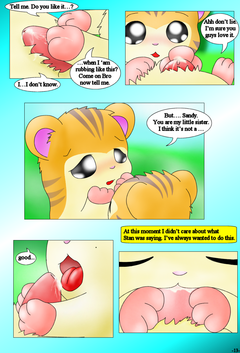 blush brother brother_and_sister comic curby cute dialogue english_text erection fellatio female fur hamster hamtaro_(series) incest male mammal open_mouth oral oral_penetration orange_fur outside penetration penis precum rodent sandy_(hamtaro) sex sibling sister stan_(hamtaro) straight striped_fur stripes tapering_penis text tongue tongue_out twins