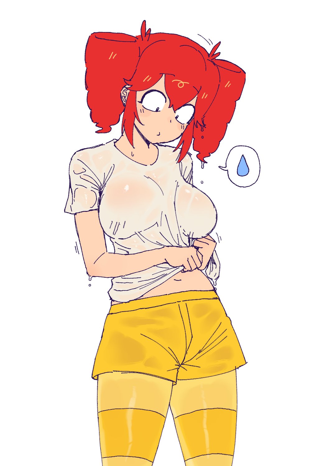 1female, 1girl, 1girls, 2d, 2d (artwork), 2d artwork, big breasts, birdbrain (synthesizer v), boobs, breast outline, breasts, dochi pi, drill hair, drying clothes, female, female focus, female only, kasane teto, large breasts, light skin, light-skinned female, looking down, pantyhose, red hair, simple background, synthesizer v, tits, twin drills, twindrills, utau, utauloid, waterdrops, wet, wet clothes, wet shirt, white background, white shirt, yellow shorts, yellow thighhighs
