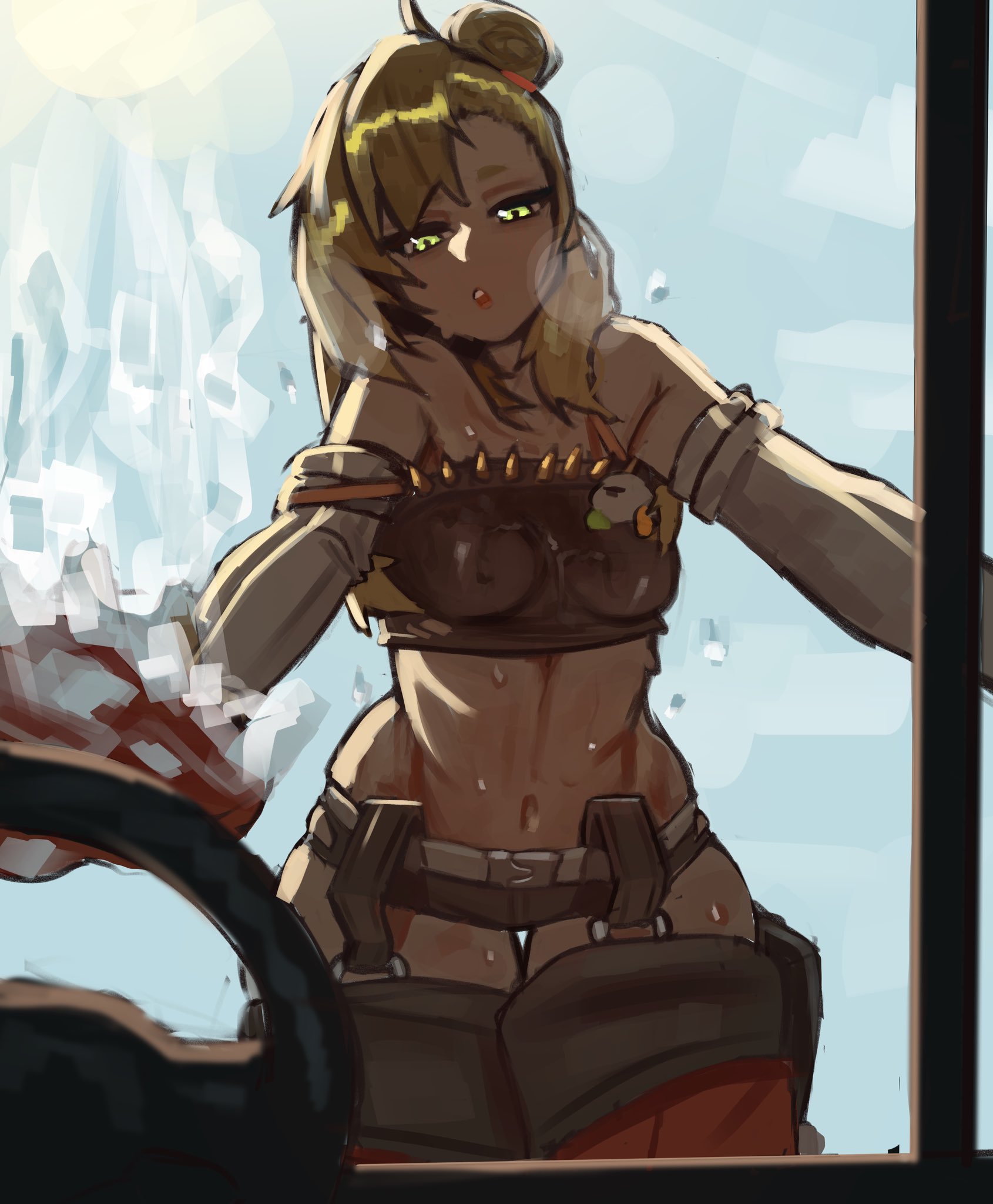 1girls, blonde, blonde female, blonde hair, child bearing hips, female, female focus, green eyes, hips, hoyoverse, kineku, mechanic, mihoyo, piper wheel, short shorts, shorts, sweat, sweating, sweaty, tagme, thick, thick thighs, thigh highs, thighs, thin waist, washing car, wide hips, zenless zone zero